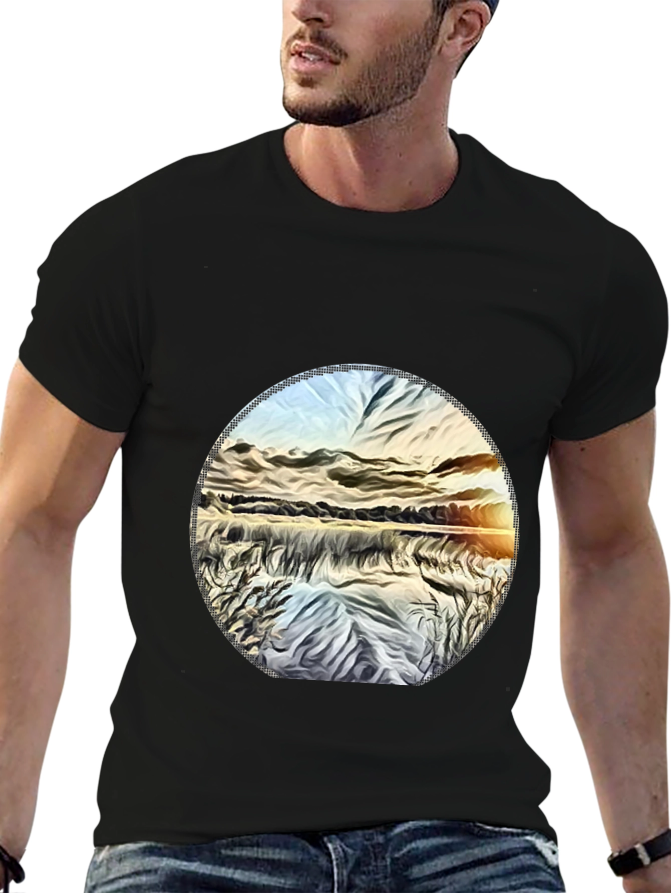 Black Sunset Lake Graphic Tee - Black Casual T-Shirt view 6