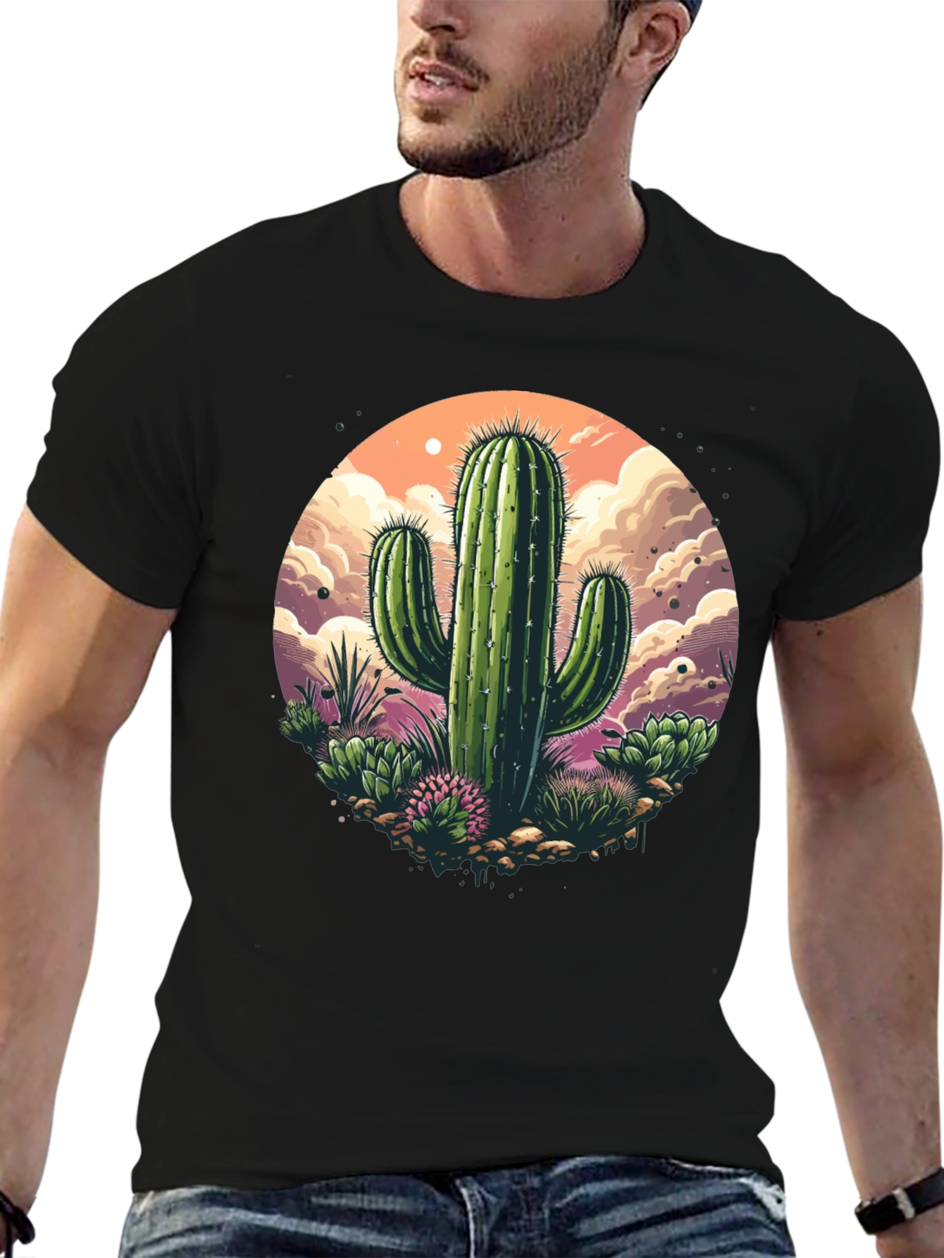 Black Cactus Graphic T-Shirt - Desert Scene view 6