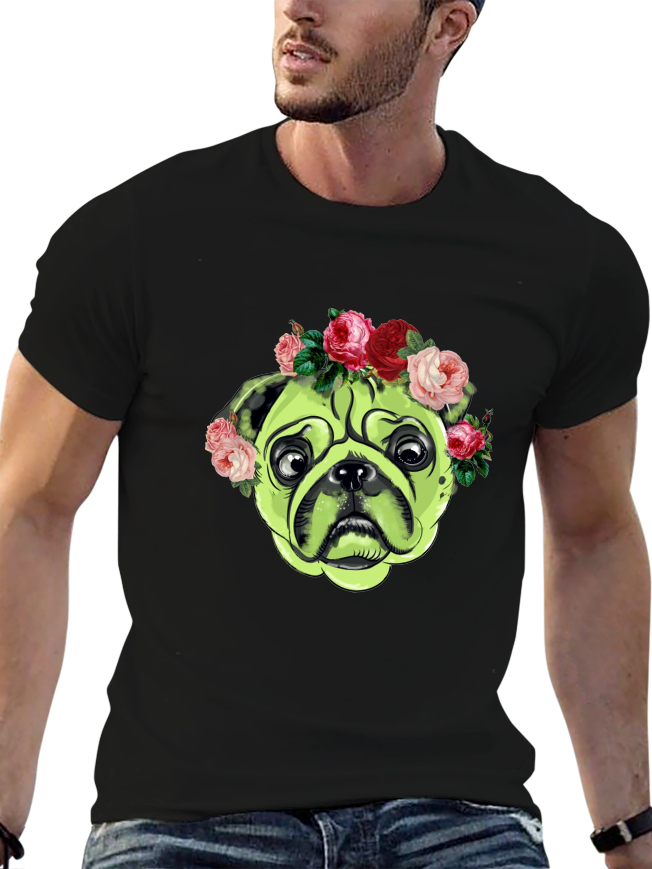 Black Pug with Floral Crown Graphic T-Shirt view 6