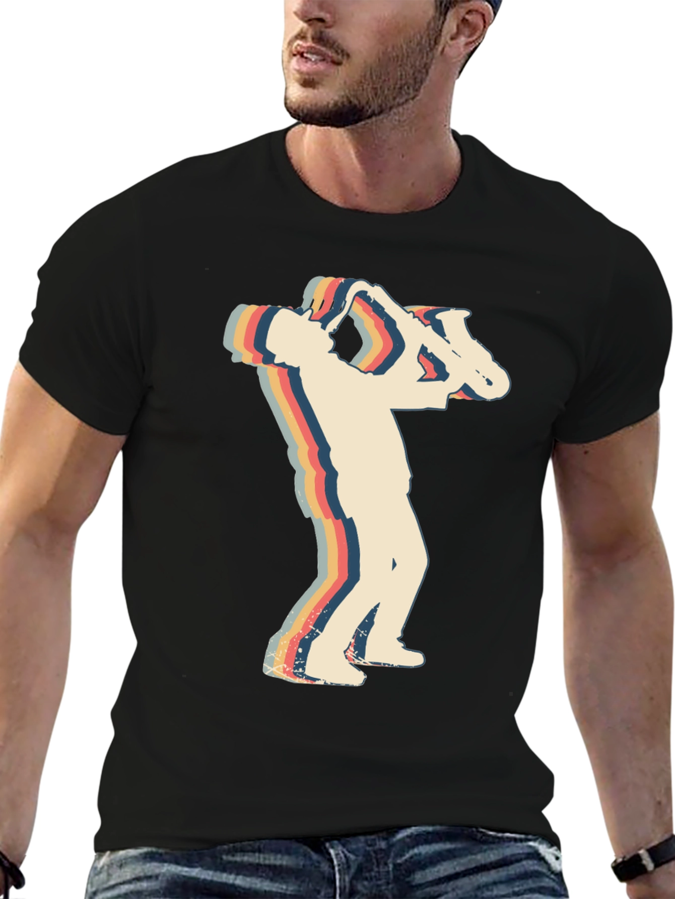 Black Retro Saxophone Player Black T-Shirt view 6