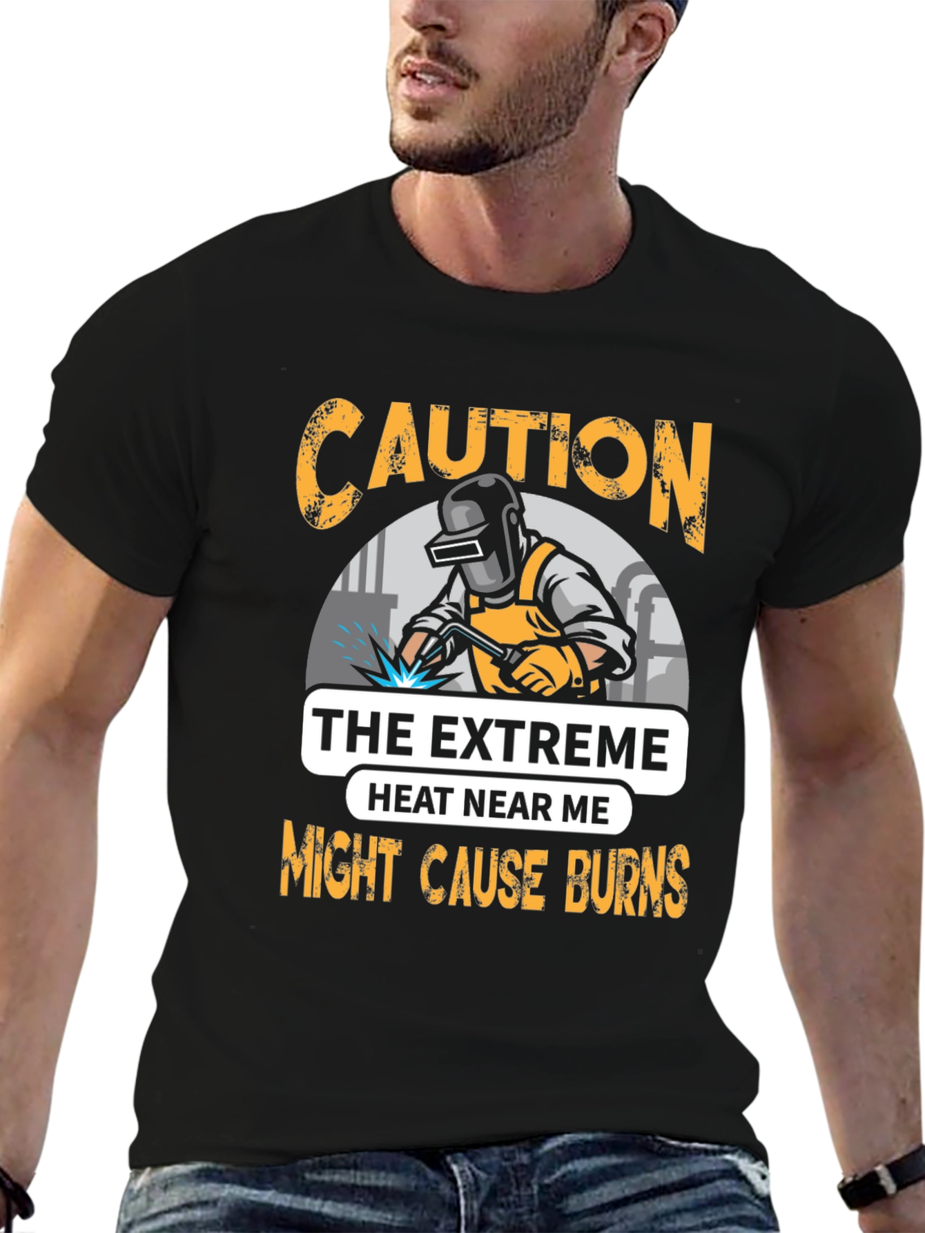Black Caution Welder T-Shirt: Extreme Heat Burns Risk view 6