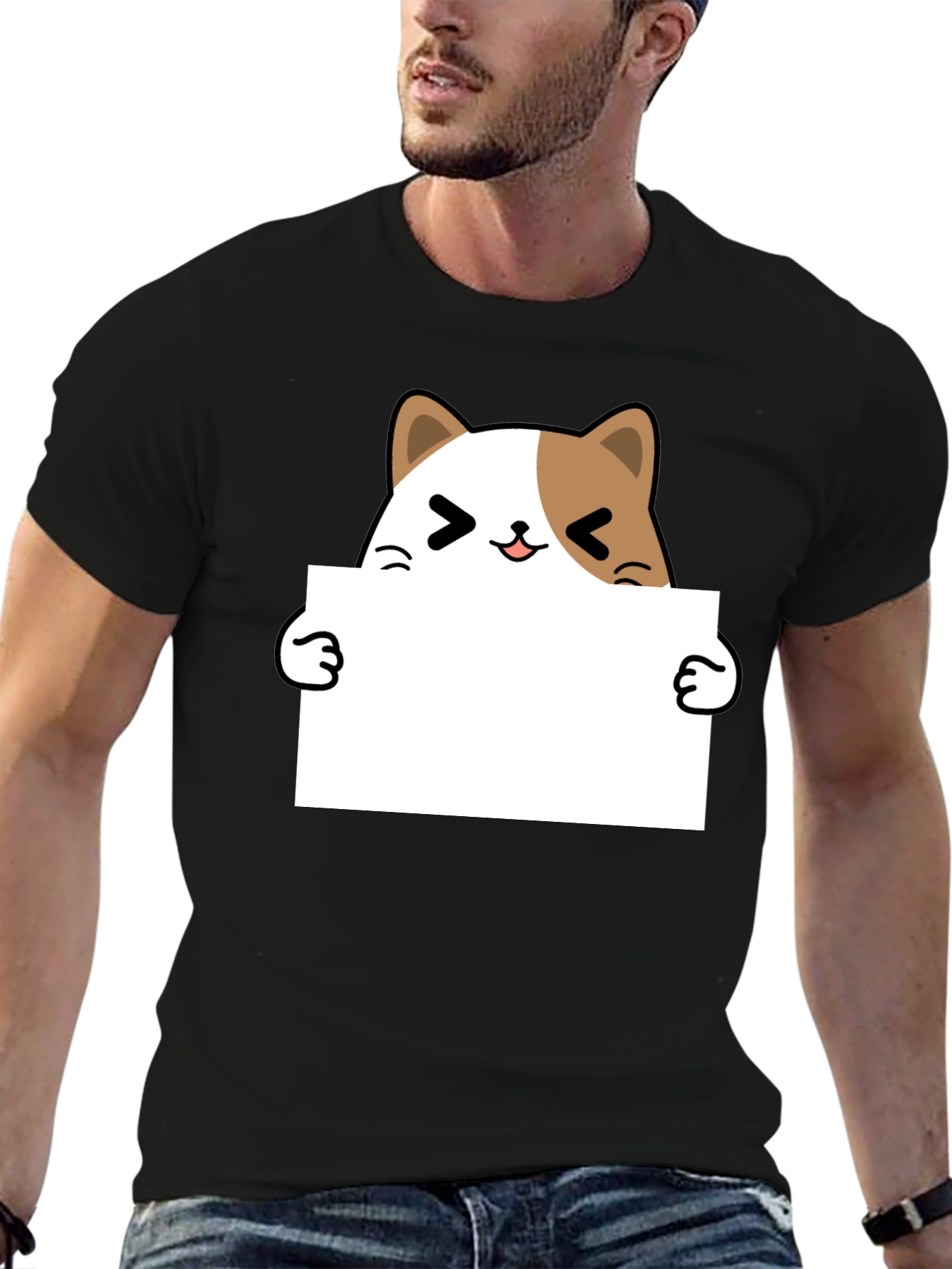 Black Cute Cat Holding Sign Graphic T-Shirt view 6