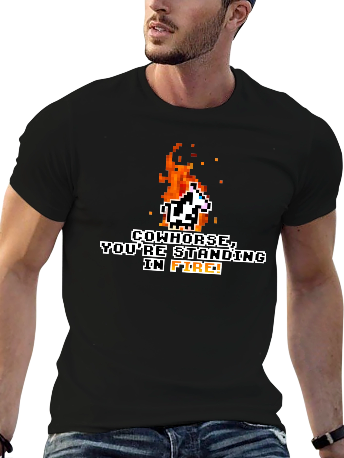 Black Cowhorse You're Standing In Fire T-Shirt Pixel Graphic Novelty Tee view 6