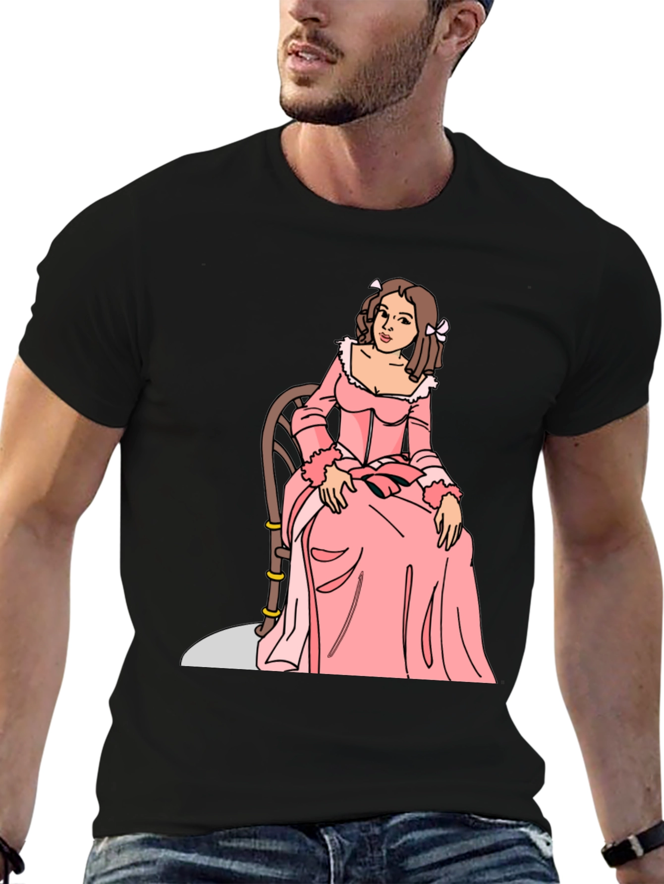 Black Cartoon Woman Pink Dress Black T-Shirt view 6
