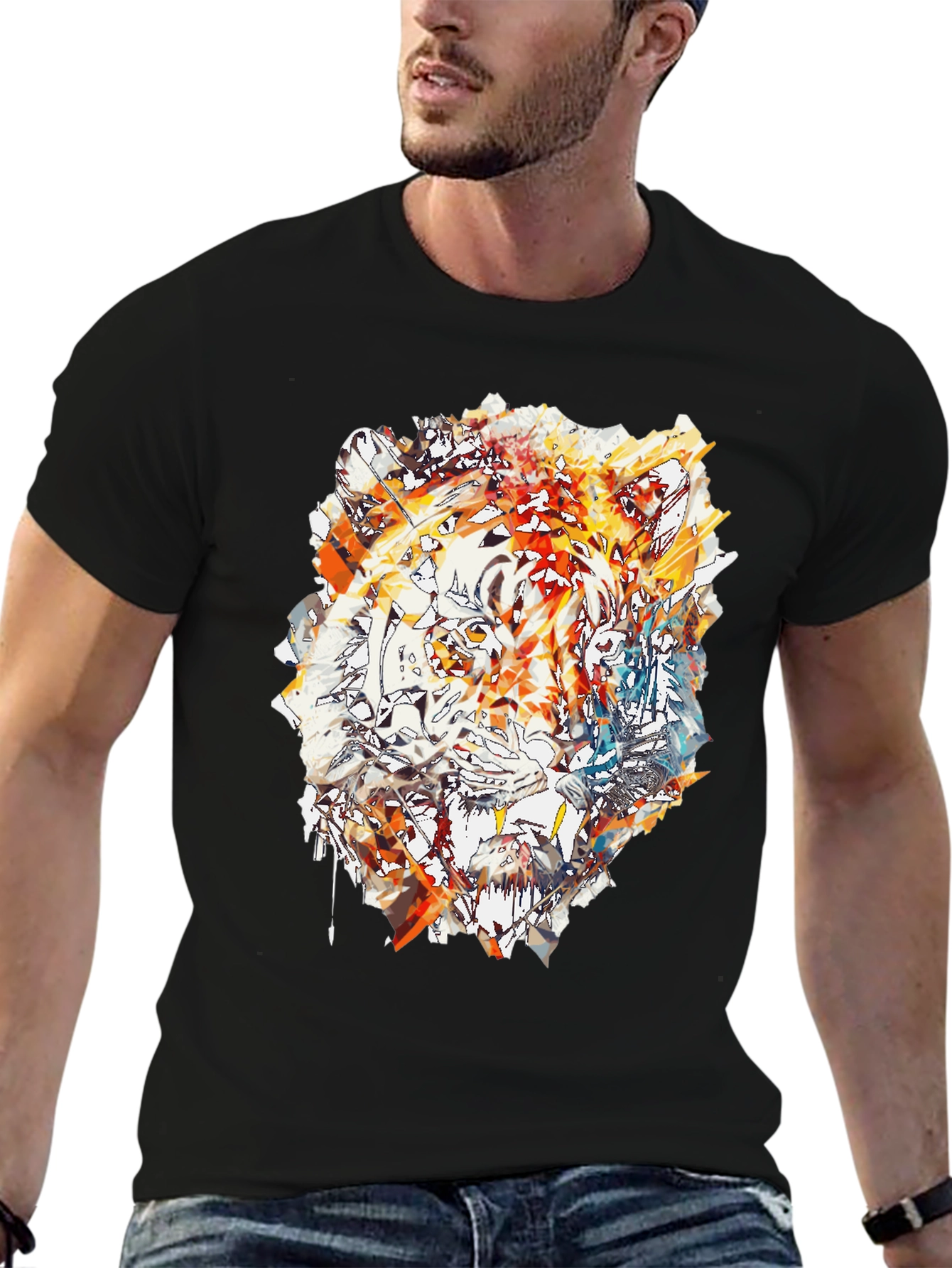 Black Abstract Tiger Print Men's Black T-Shirt view 6