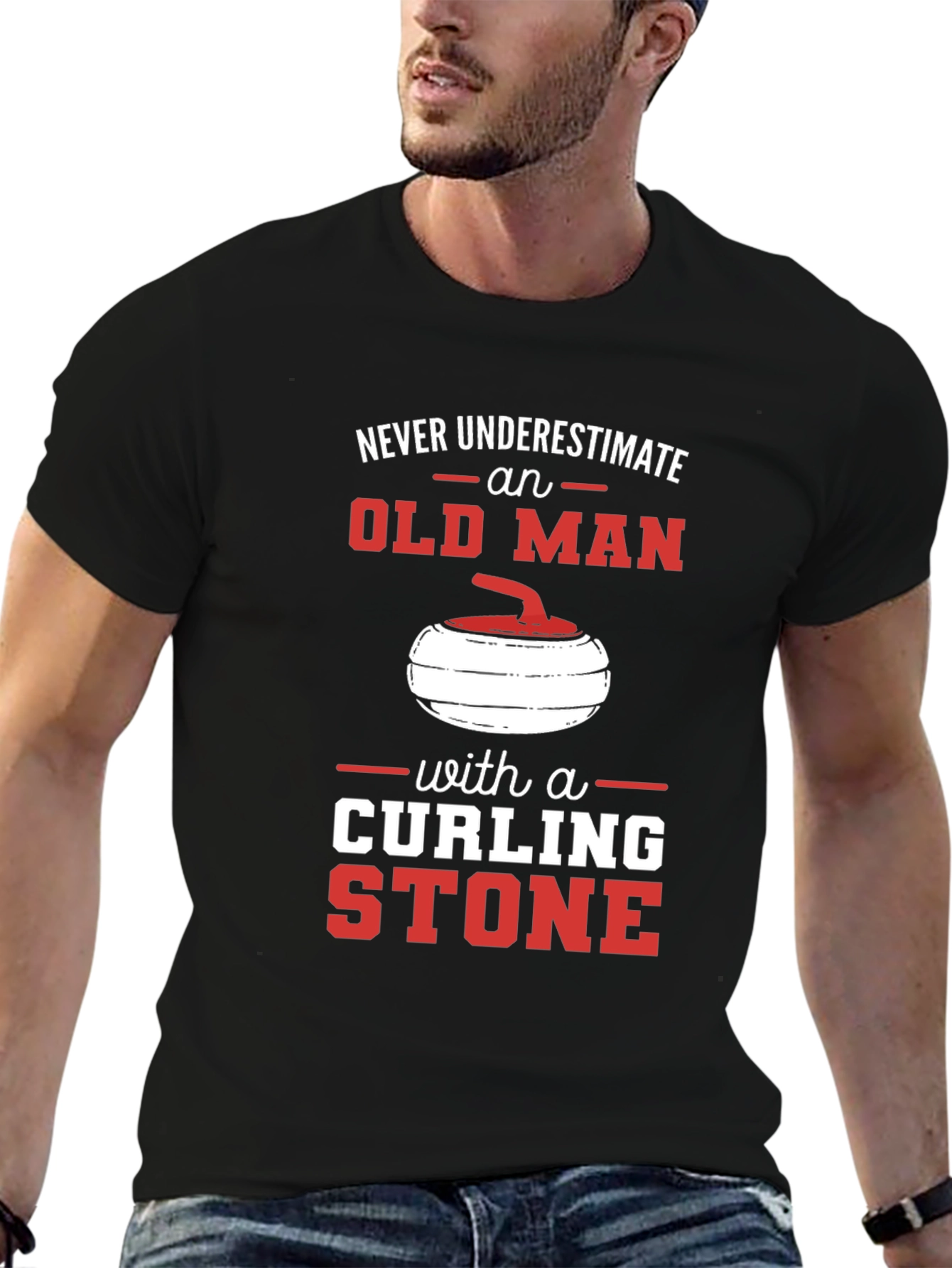 Black Never Underestimate Old Man with Curling Stone T-Shirt view 6