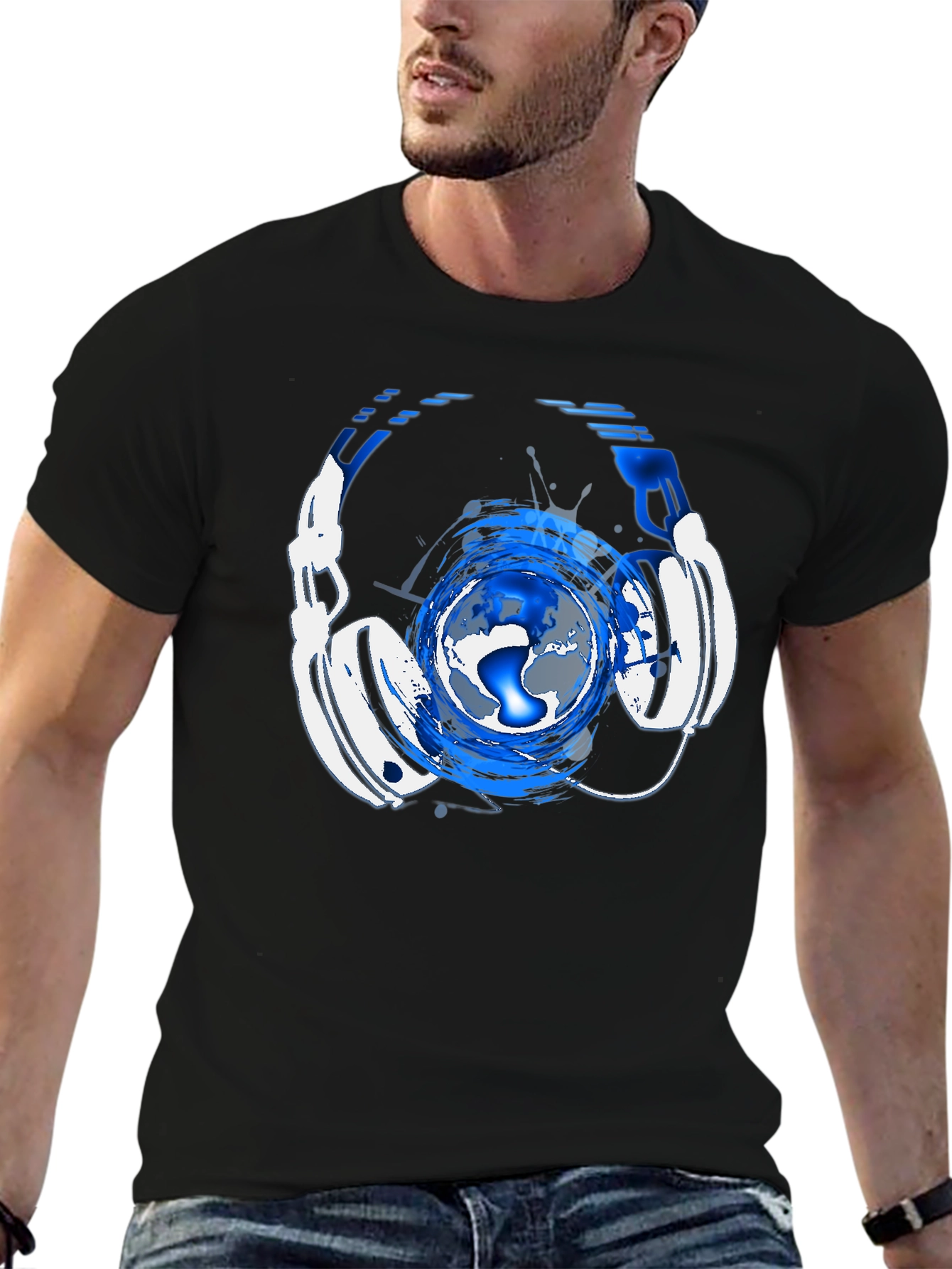 Black Headphone Globe Graphic Tee view 6