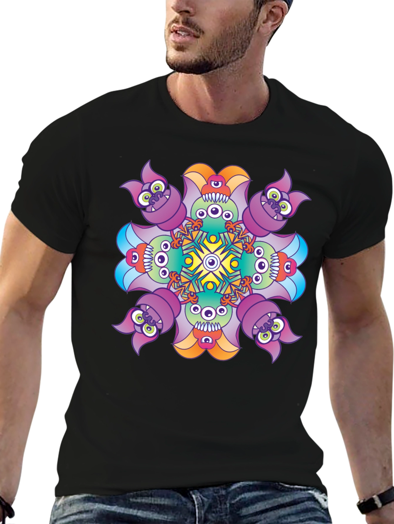Black Monster Kaleidoscope Graphic Tee - Black Cotton T-Shirt view 6