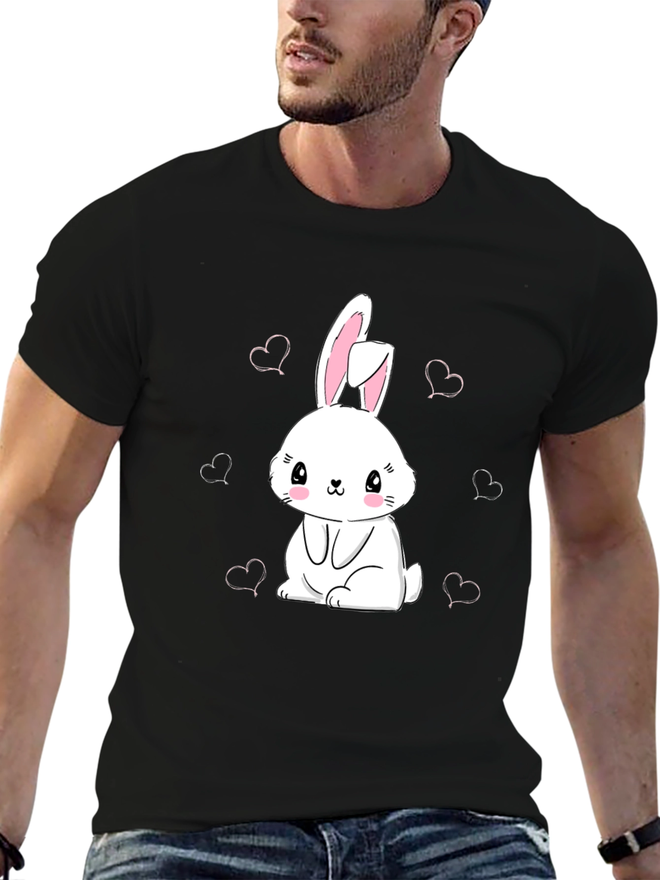 Black Cute Bunny Heart Print Black T-Shirt view 6