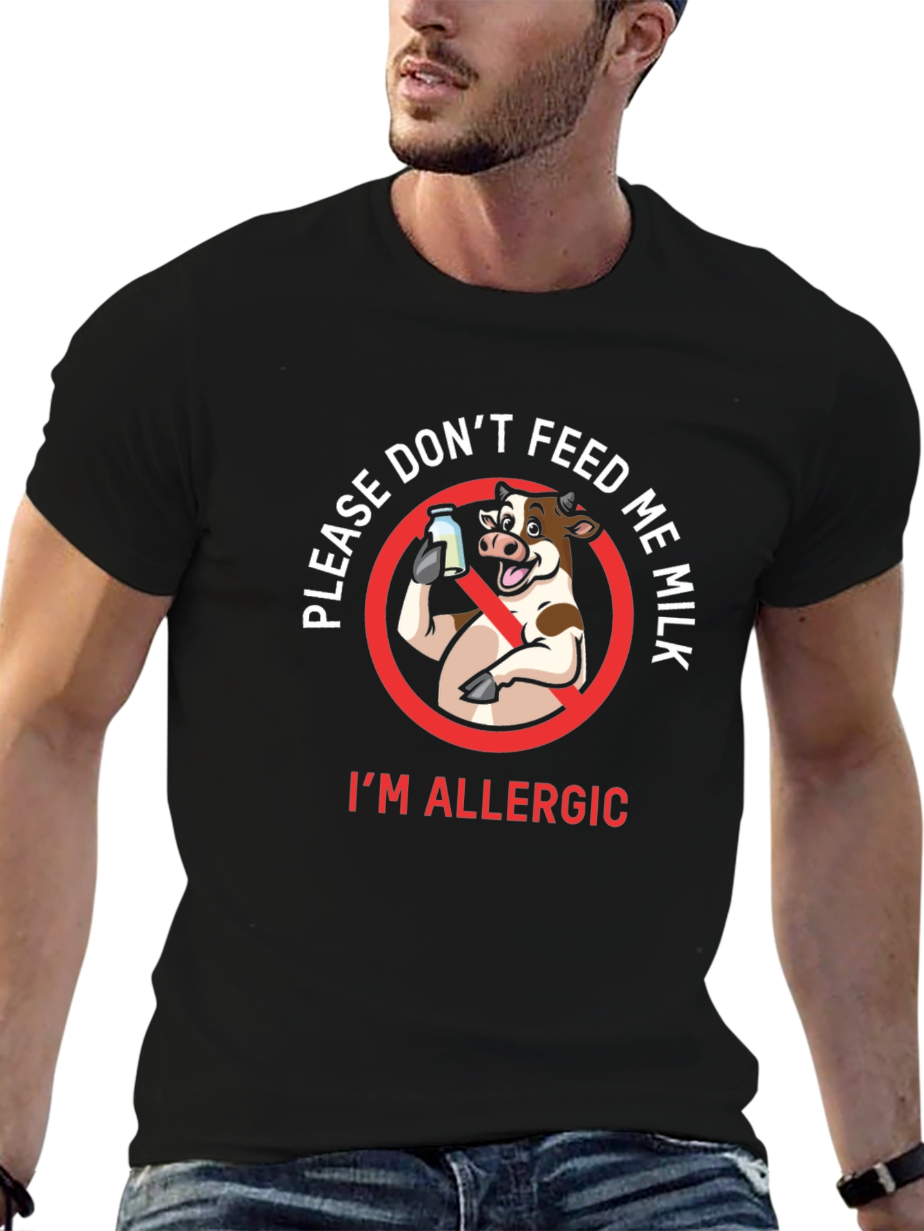 Black Funny 'Don't Feed Me Milk' Allergy T-Shirt view 6