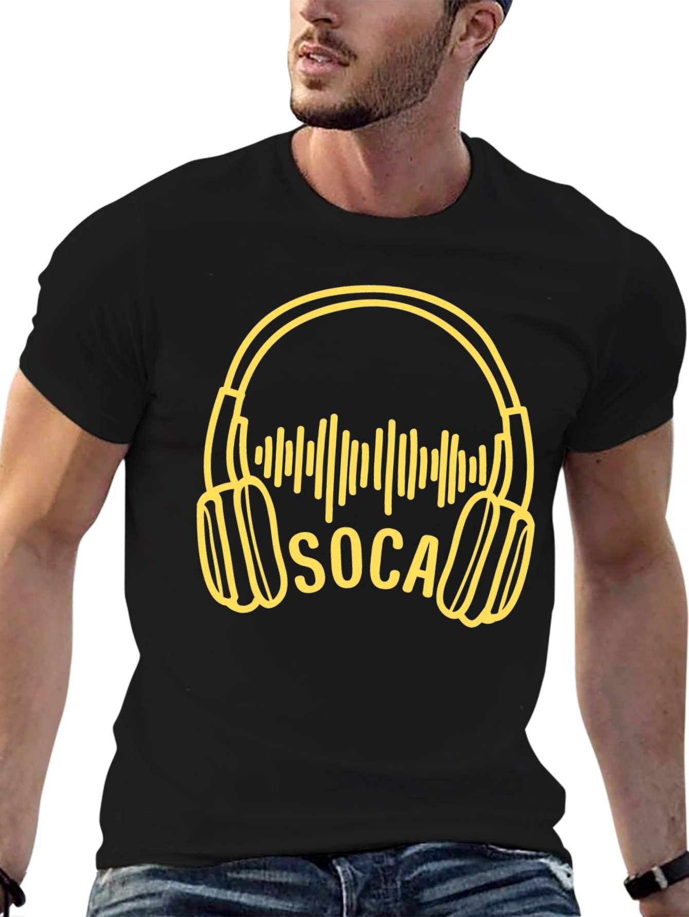 Black Soca Music Headphones Graphic T-Shirt view 6