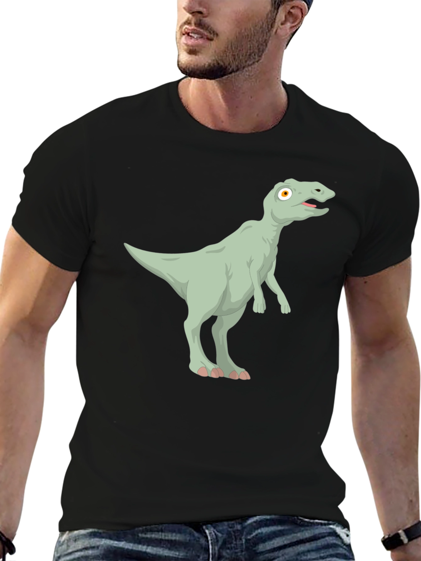 Black Cartoon Dinosaur Graphic Tee - Black Cotton T-Shirt view 6