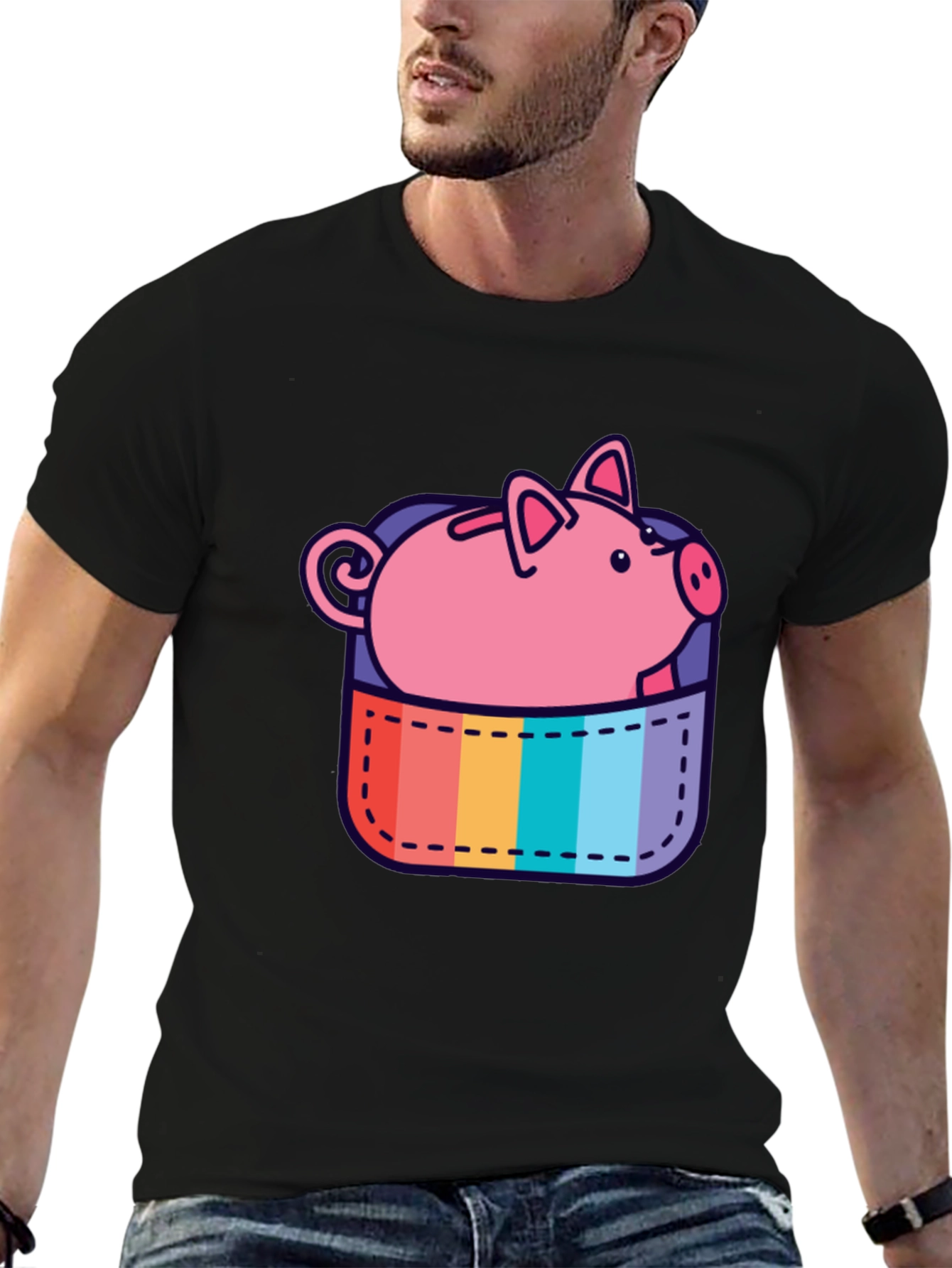 Black Rainbow Pocket Piggy Bank T-Shirt view 6