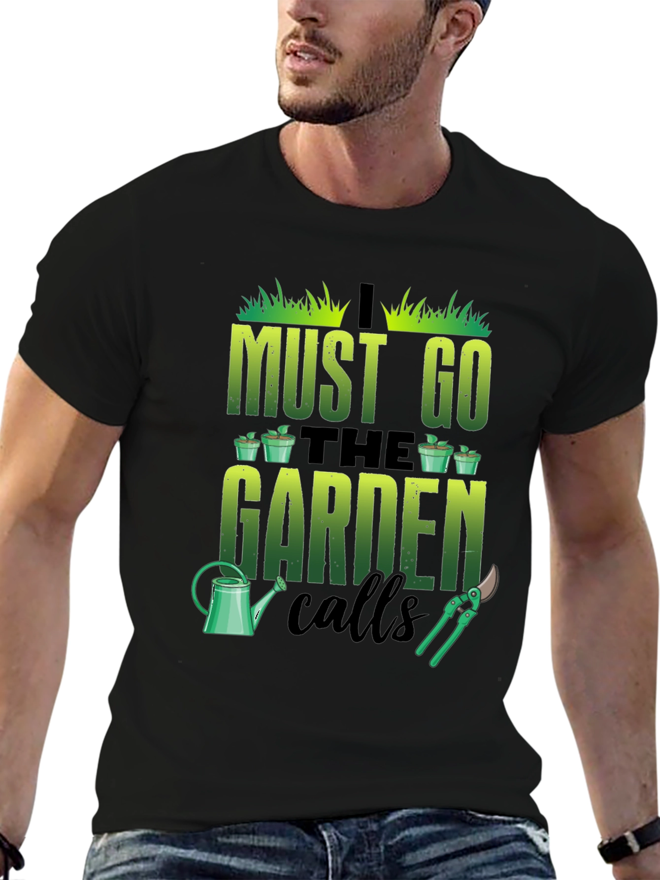 Black Gardening T-Shirt: I Must Go The Garden Calls view 6