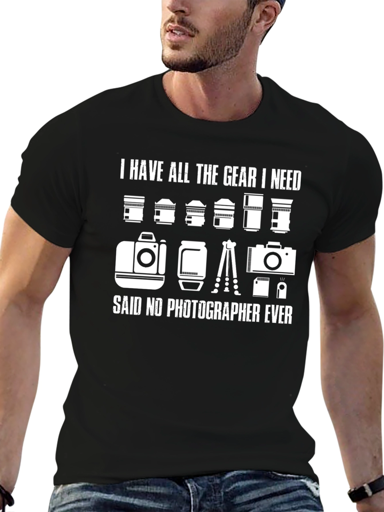 Black Photographer Gear T-Shirt: Never Enough Equipment view 6
