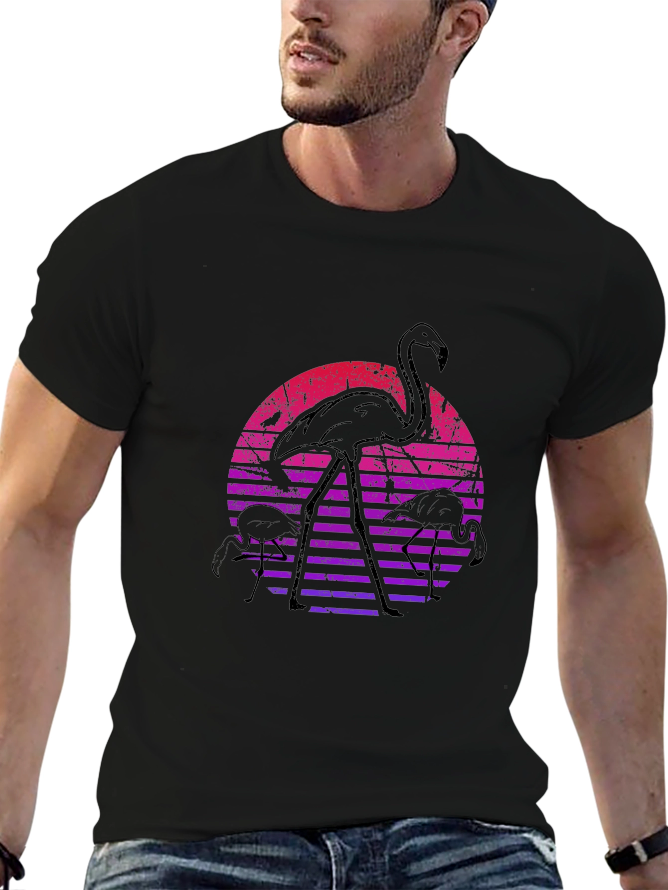 Black Retro Flamingo Sunset Graphic Tee view 6
