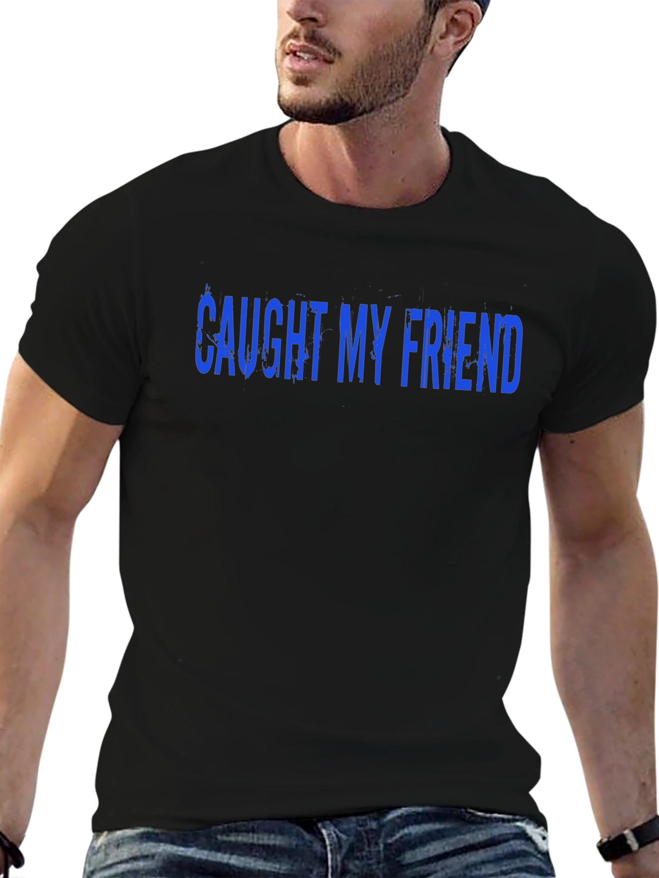Black Caught My Friend Graphic Tee - Black Cotton T-Shirt view 6