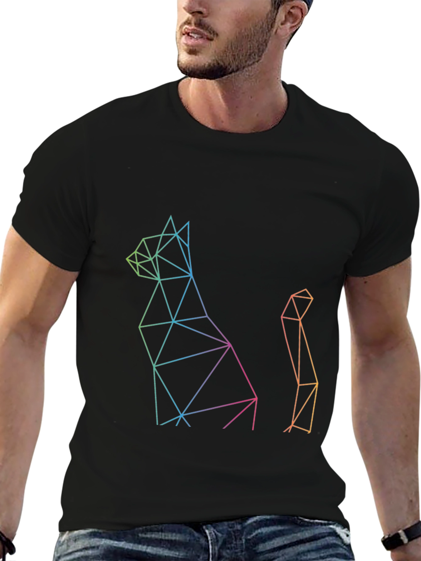 Black Geometric Cat Print Black T-Shirt view 6