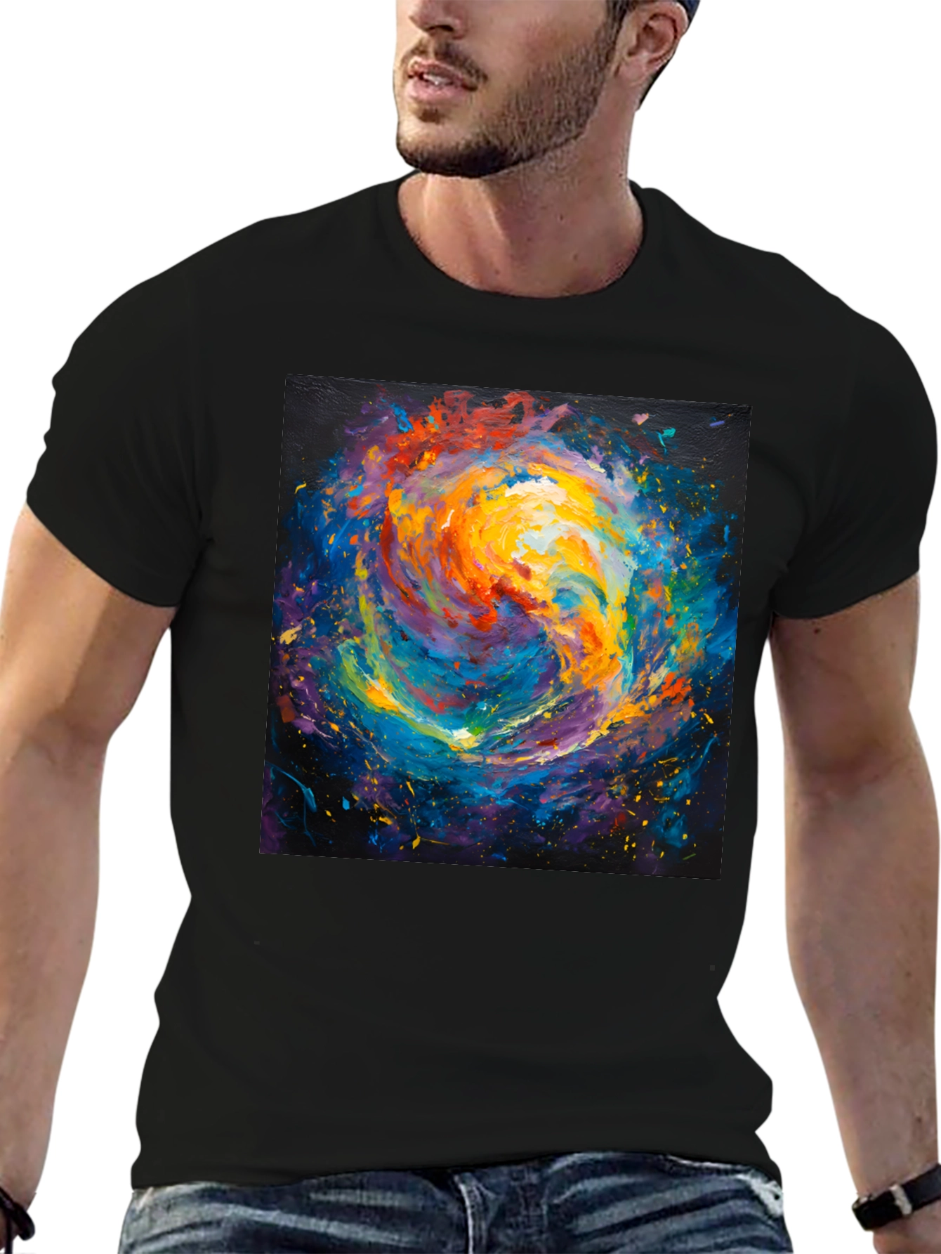 Black Abstract Galaxy Print Crew Neck T-Shirt view 6