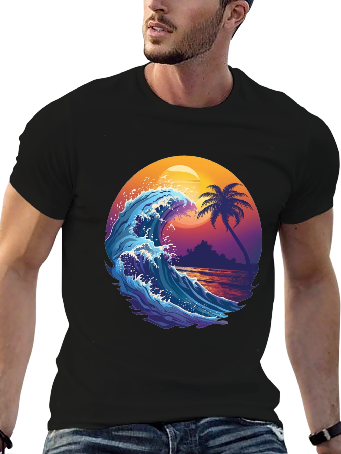 Black Wave & Palm Tree Graphic Tee - Tropical Summer Vibes! view 6