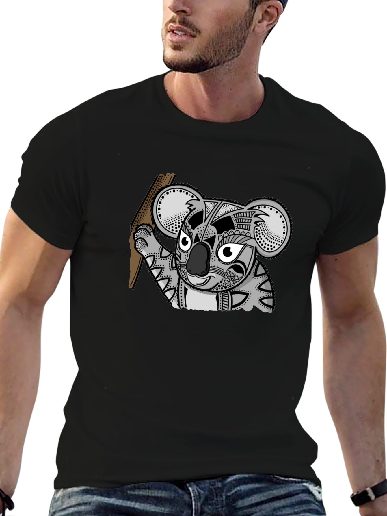 Black Koala Tribal Art Men's Black T-Shirt view 6