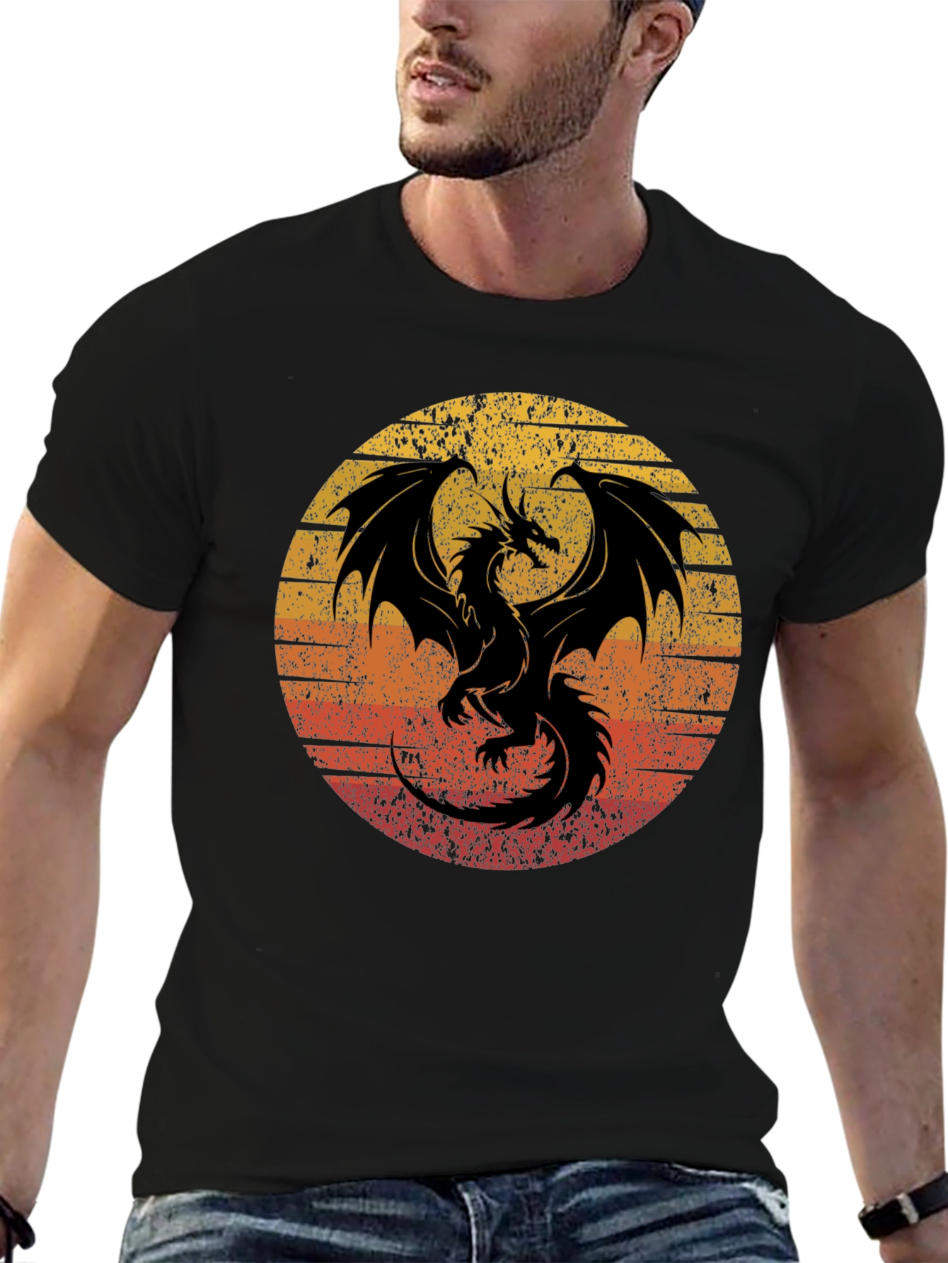 Black Retro Dragon Graphic Tee - Men's Black T-Shirt view 6