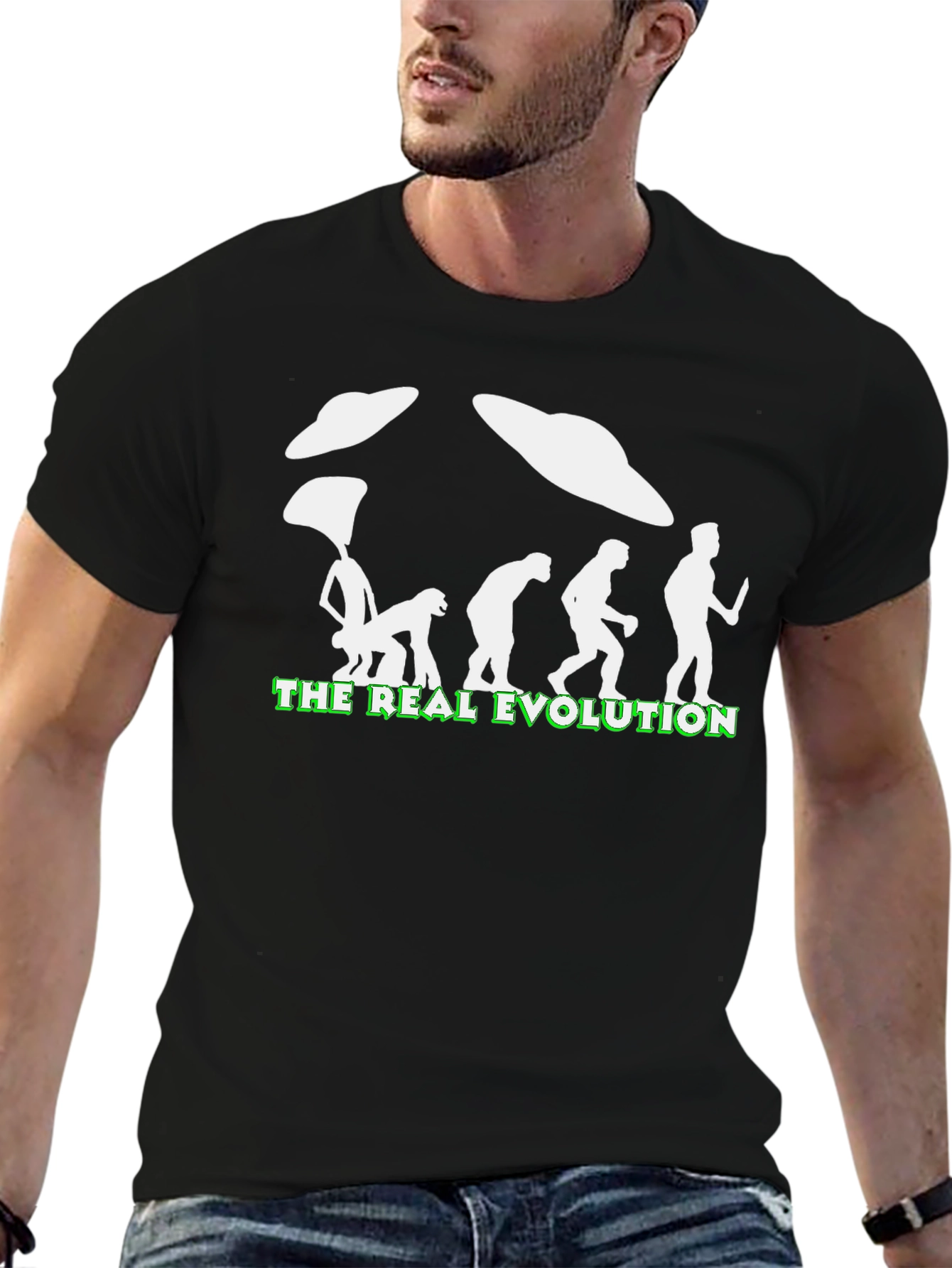 Black The Real Evolution UFO T-Shirt - Funny Graphic Tee view 6