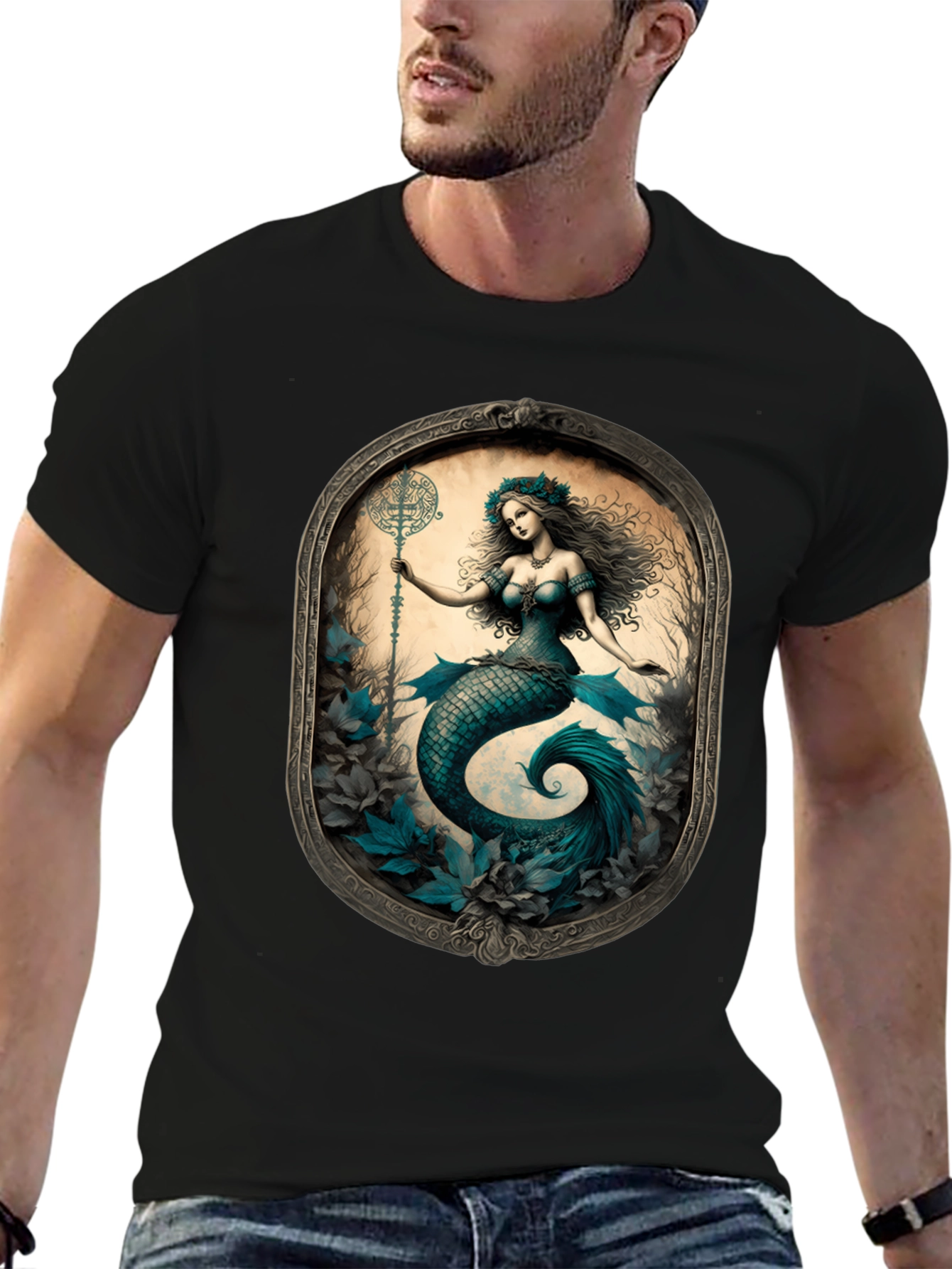 Black Mermaid Graphic Tee - Fantasy Art T-Shirt view 6