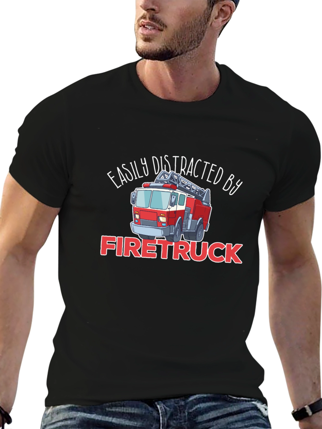 Black Easily Distracted By Firetruck T-Shirt view 6