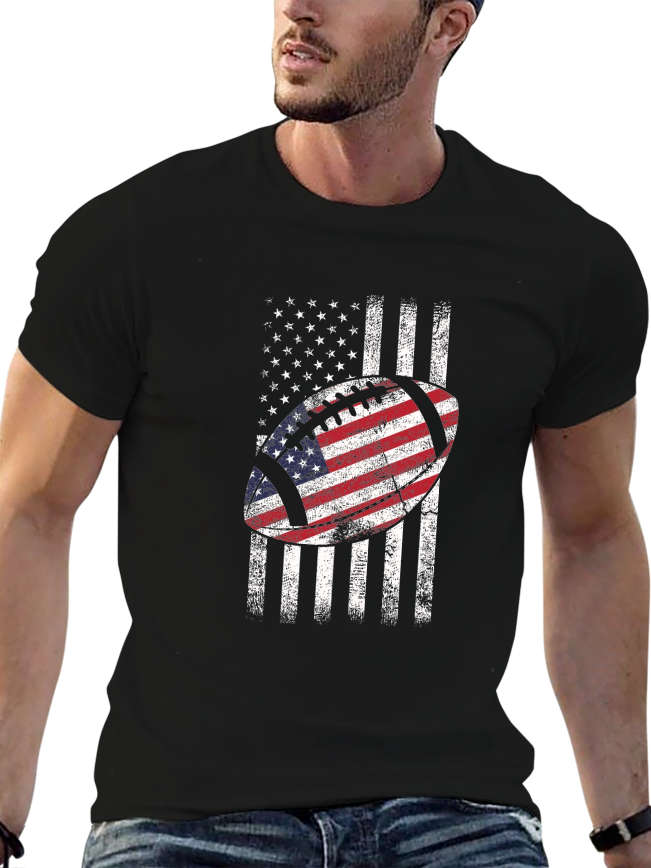 Black American Flag Football Graphic Tee - Patriotic USA Shirt view 6