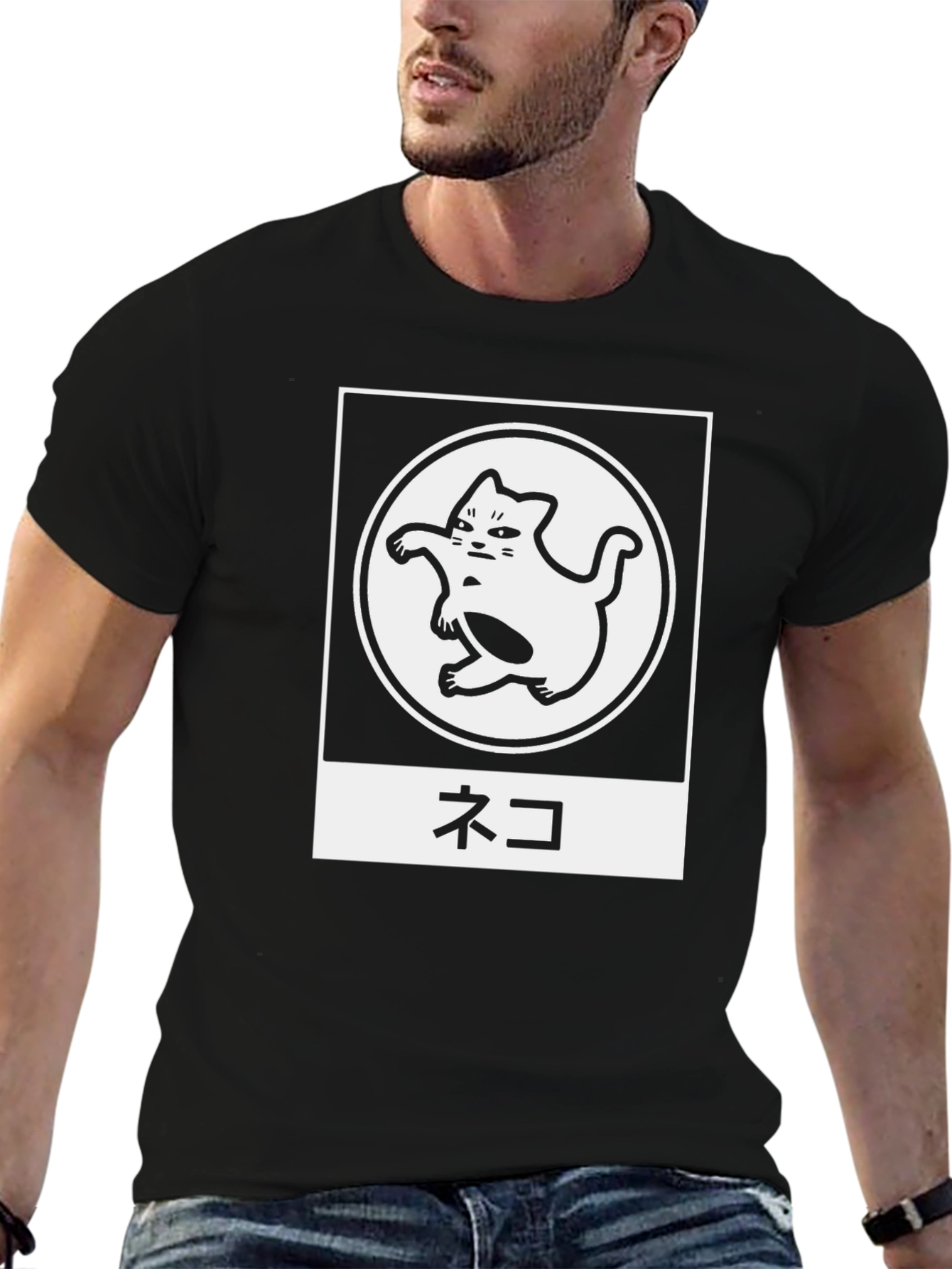Black Black T-Shirt with Cat Design and Japanese Text view 6