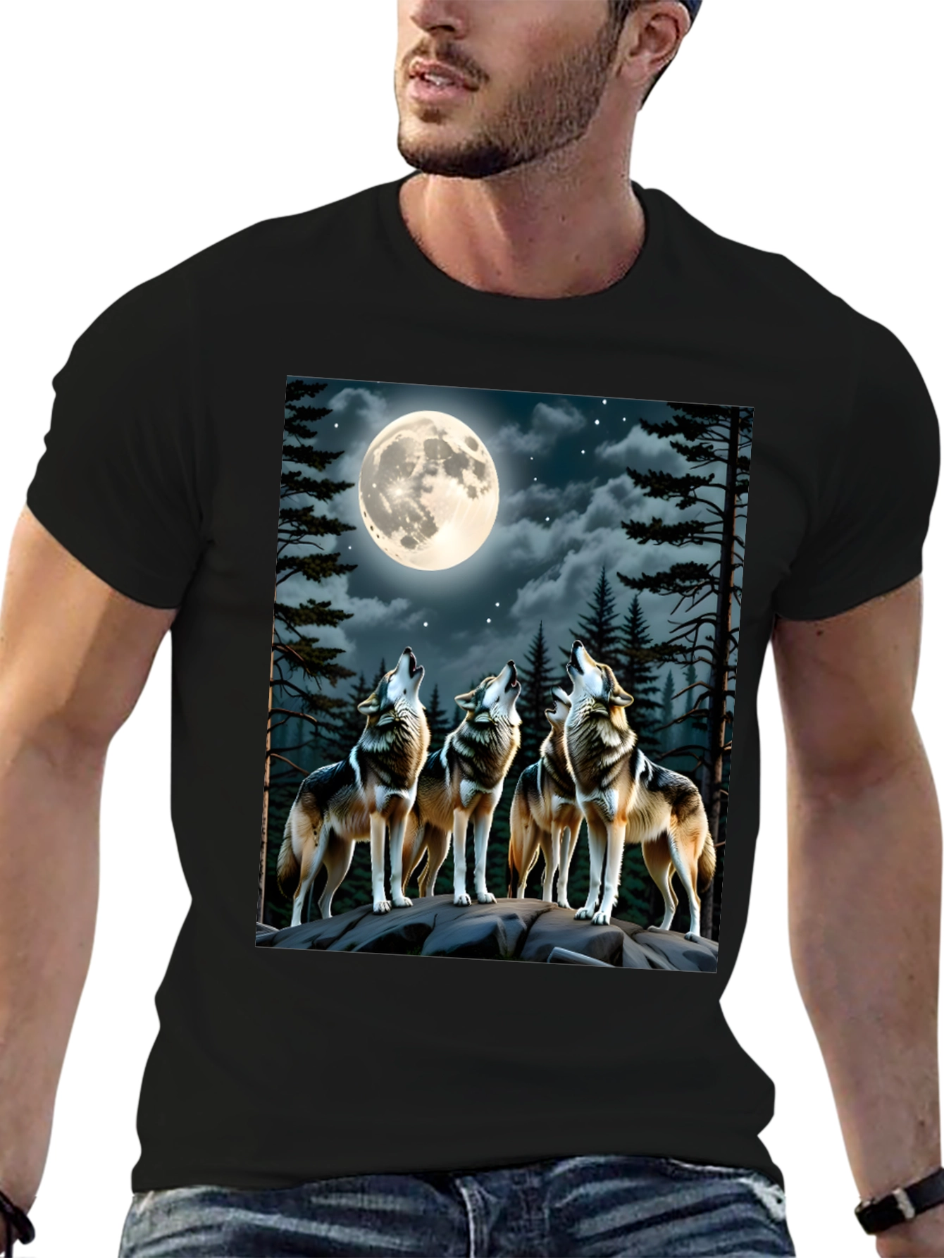 Black Wolf Pack Moon Graphic T-Shirt view 6