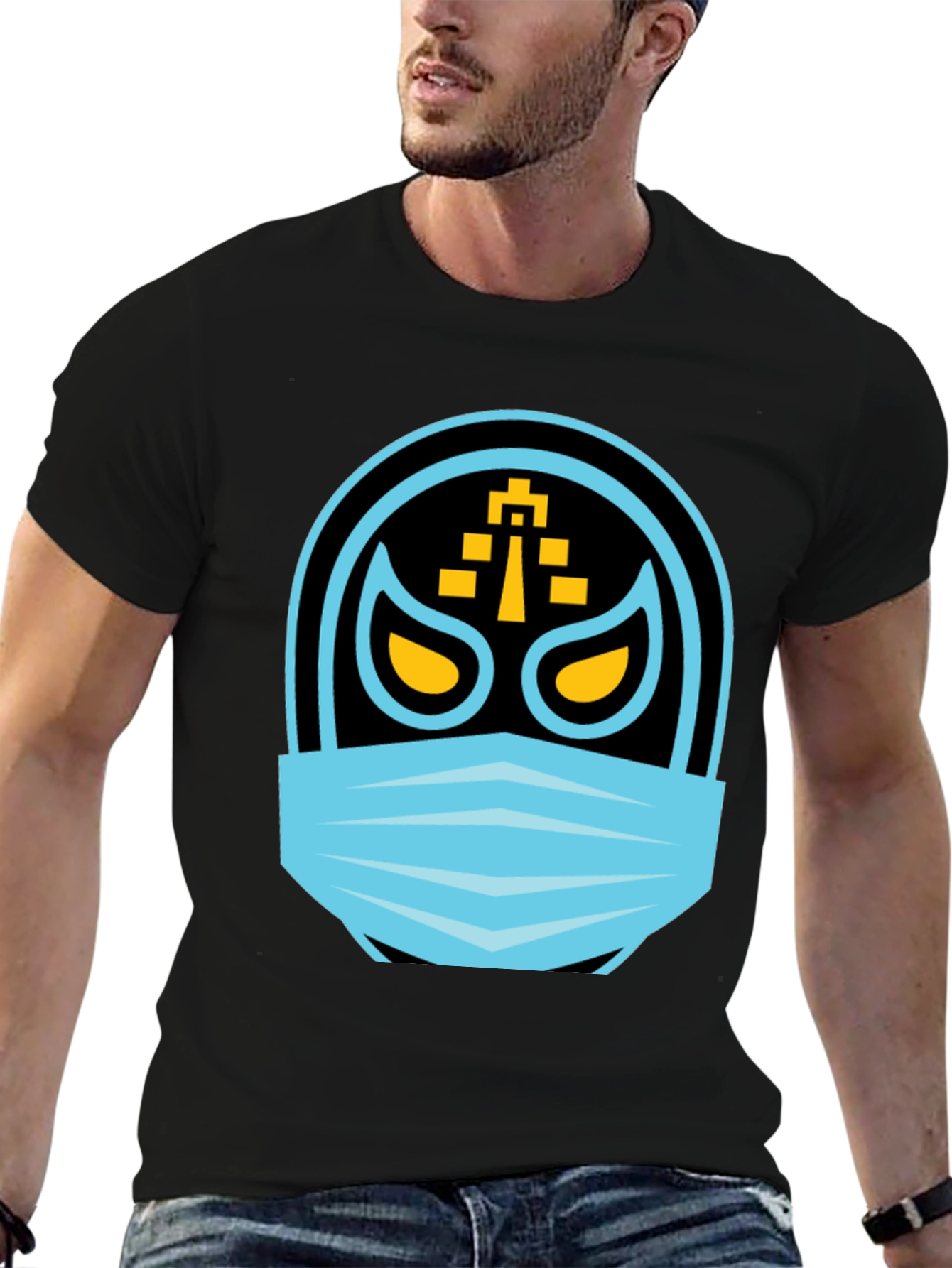 Black Masked Wrestler Graphic Tee - Black Crew Neck view 6