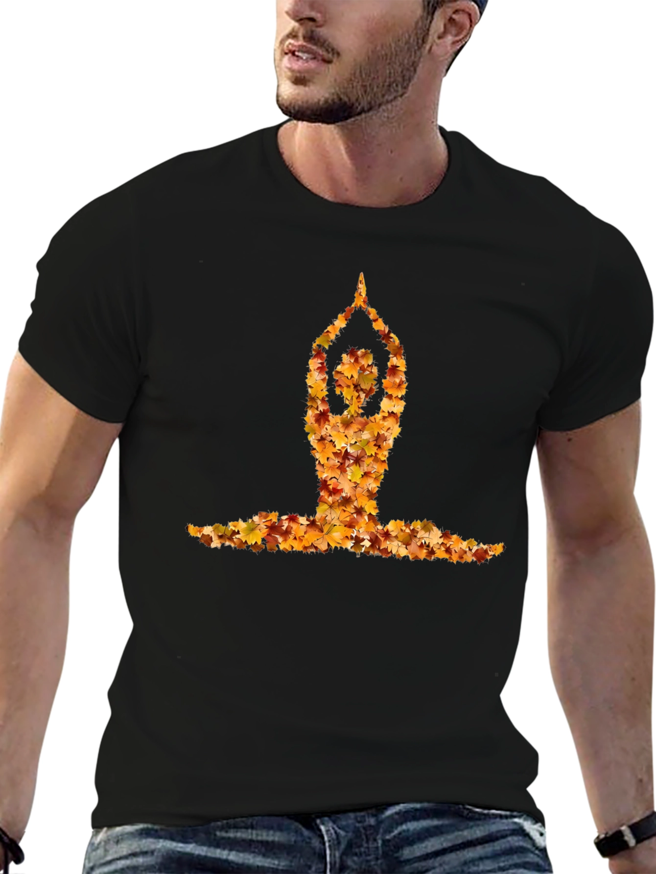 Black Yoga Pose Autumn Leaf Tee - Unisex view 6