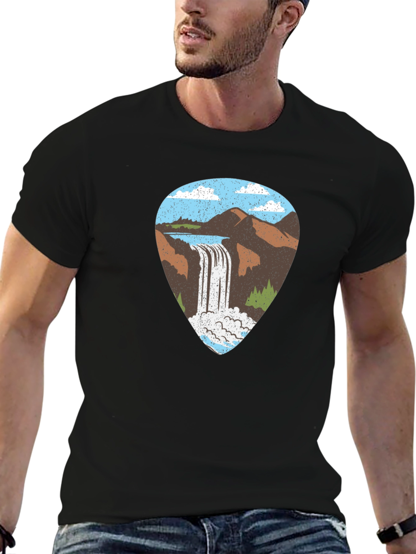 Black Waterfall Graphic Tee - Black Cotton T-Shirt view 6
