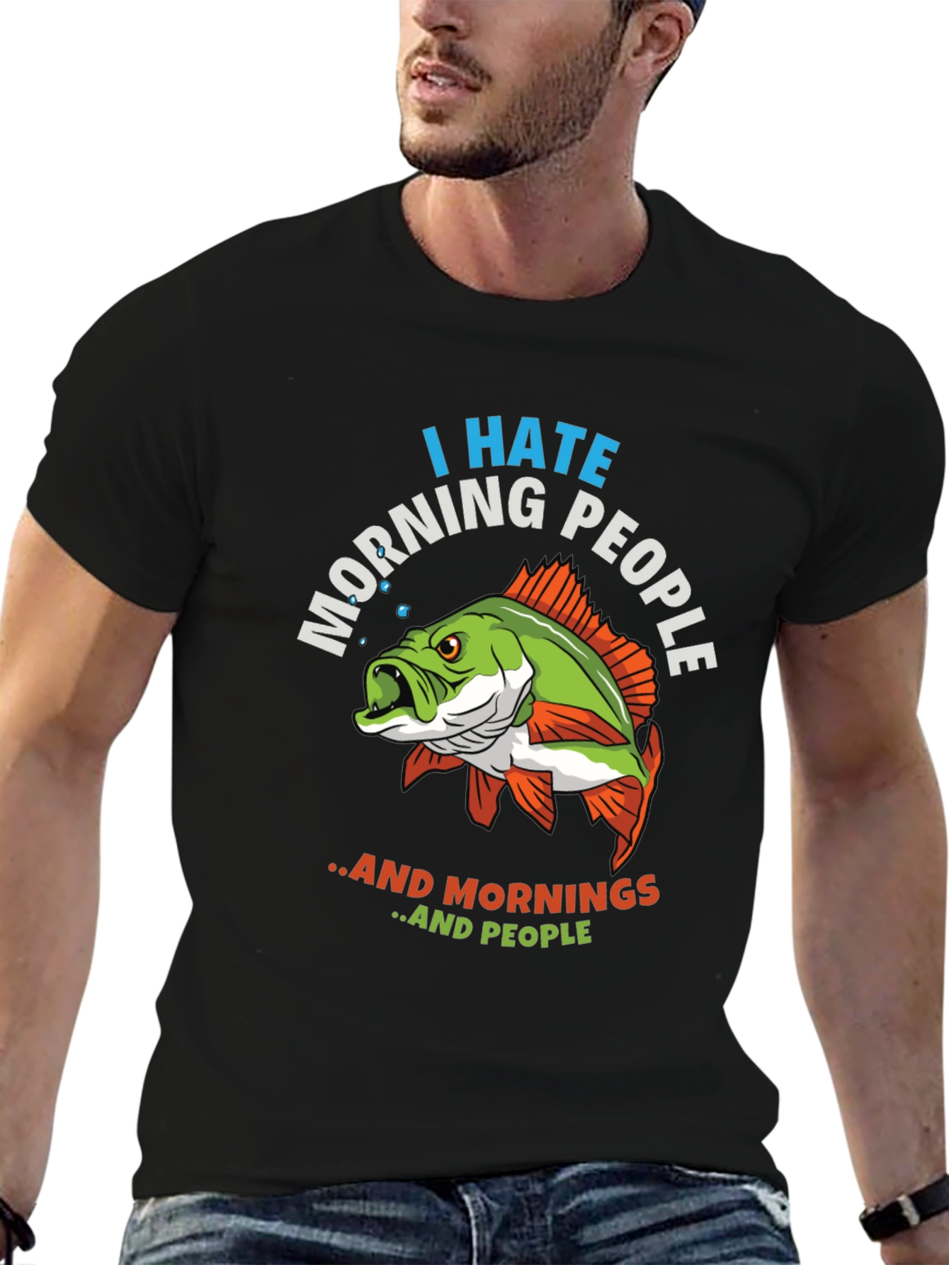 Black I Hate Morning People Fish Graphic T-Shirt view 6