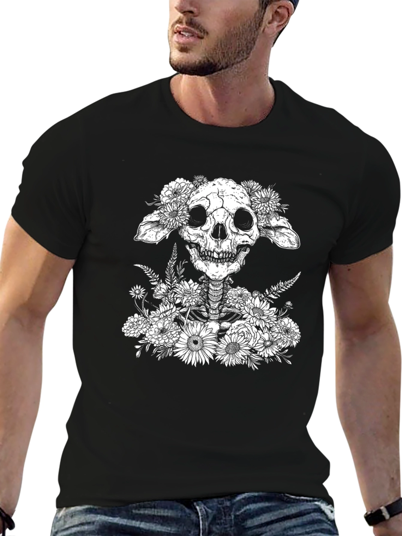 Black Floral Skull Graphic T-Shirt - Unique Design view 6