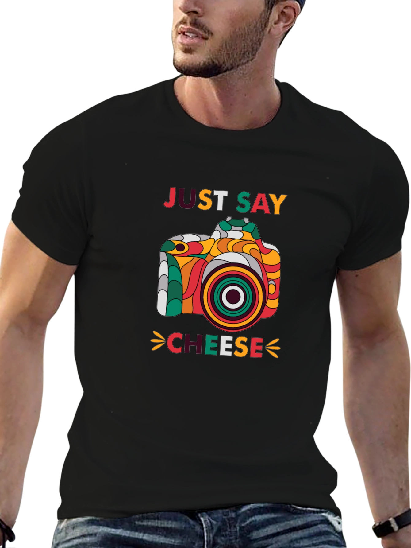Black Just Say Cheese Camera Graphic T-Shirt view 6