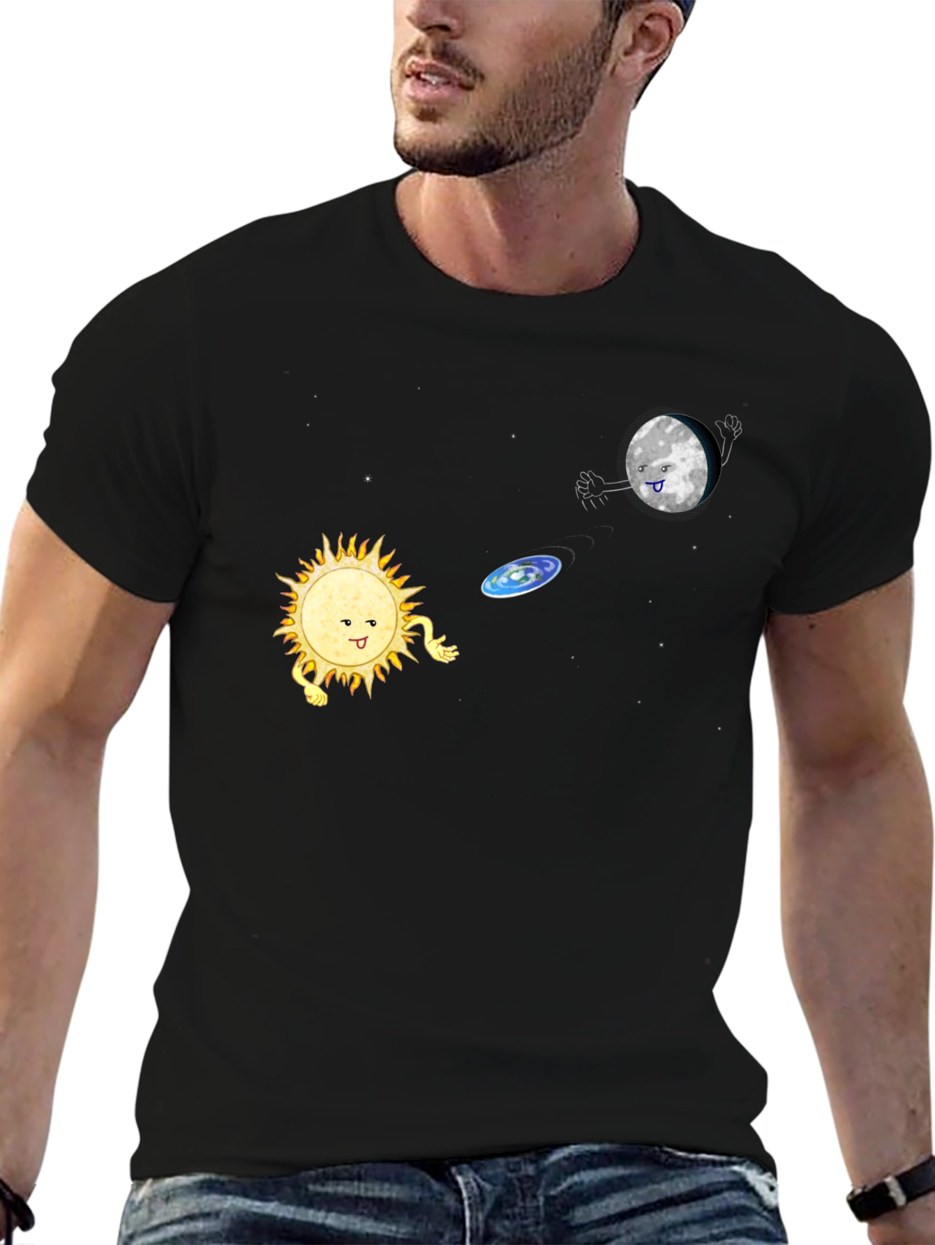 Black Sun & Moon Frisbee T-Shirt - Fun Graphic Tee view 6