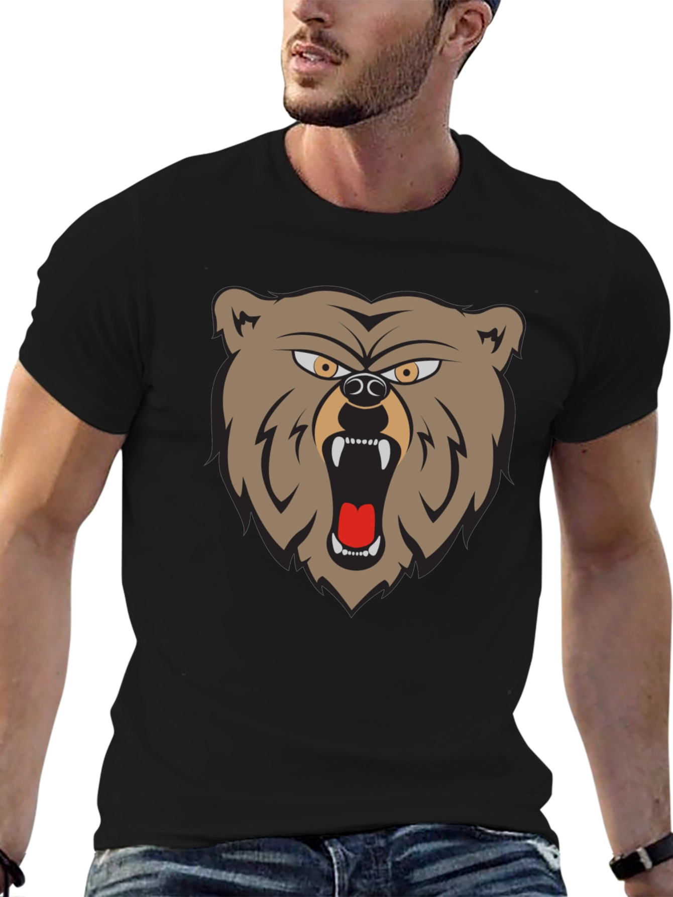 Black Men's Graphic T-Shirt - Roaring Bear Design view 6