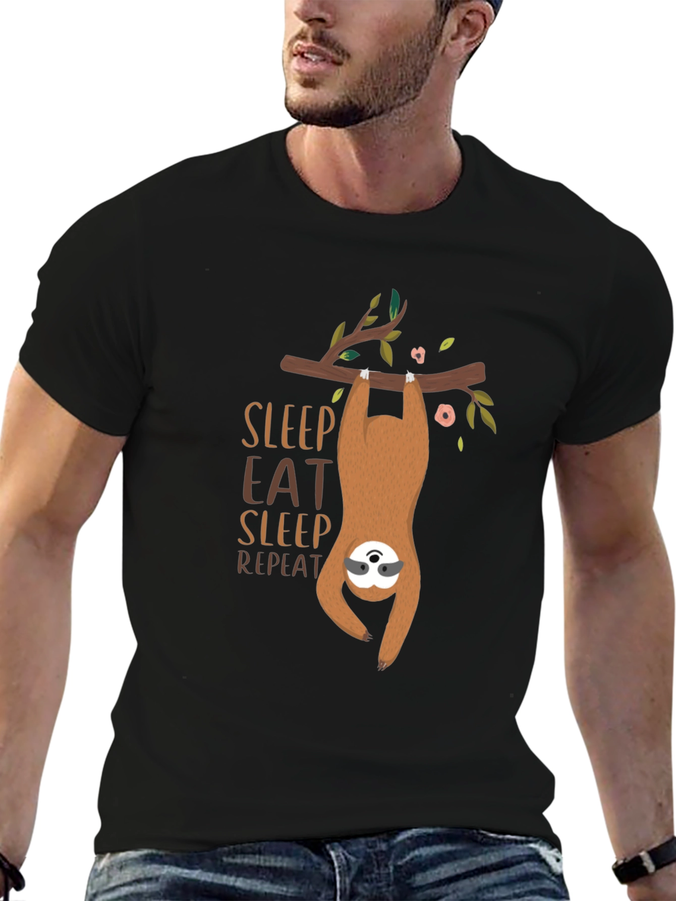 Black Sloth Sleep Eat Repeat Graphic T-Shirt view 6