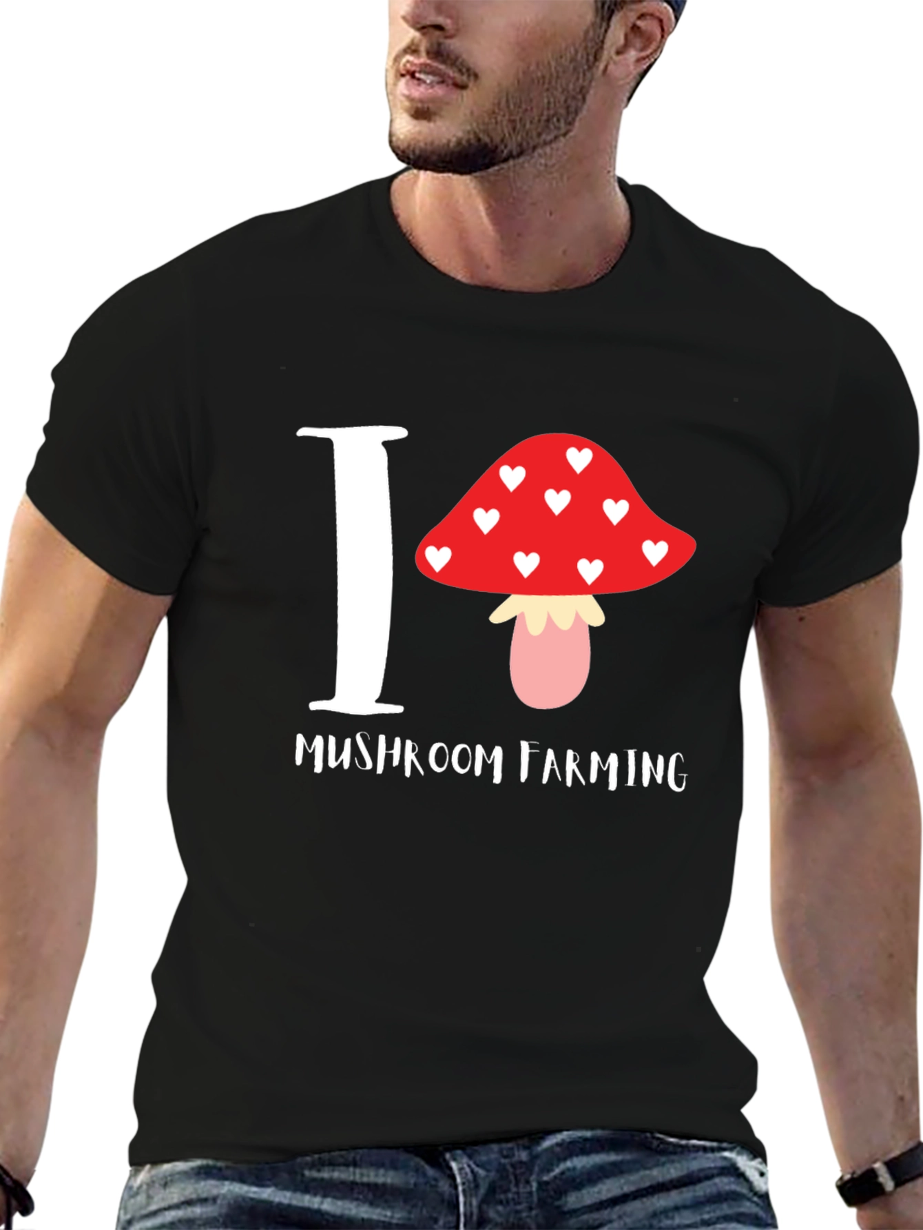 Black I Love Mushroom Farming T-Shirt view 6