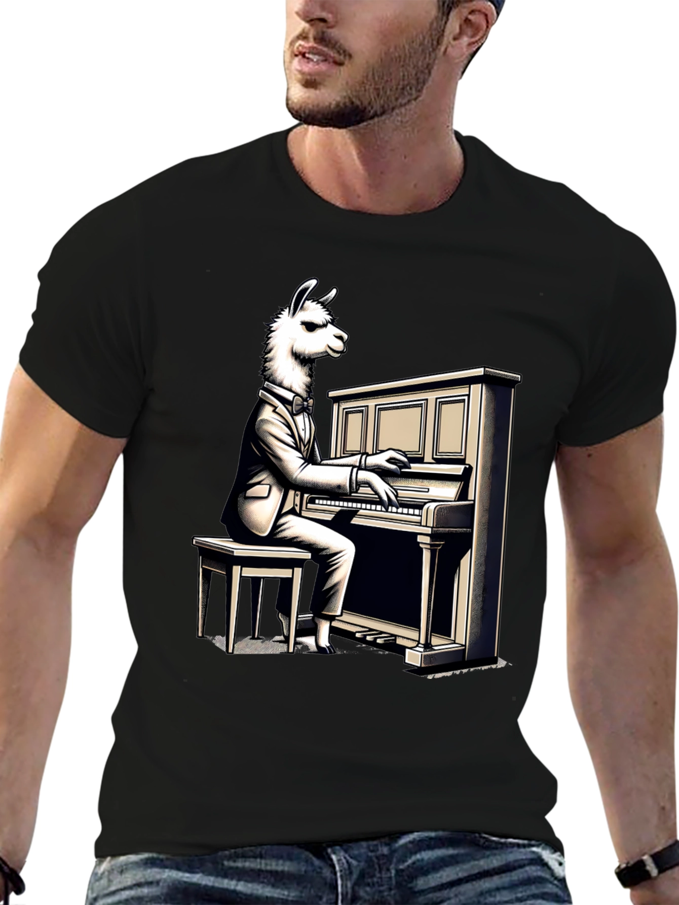 Black Llama Pianist Graphic Tee - Unique Animal Art Shirt view 6