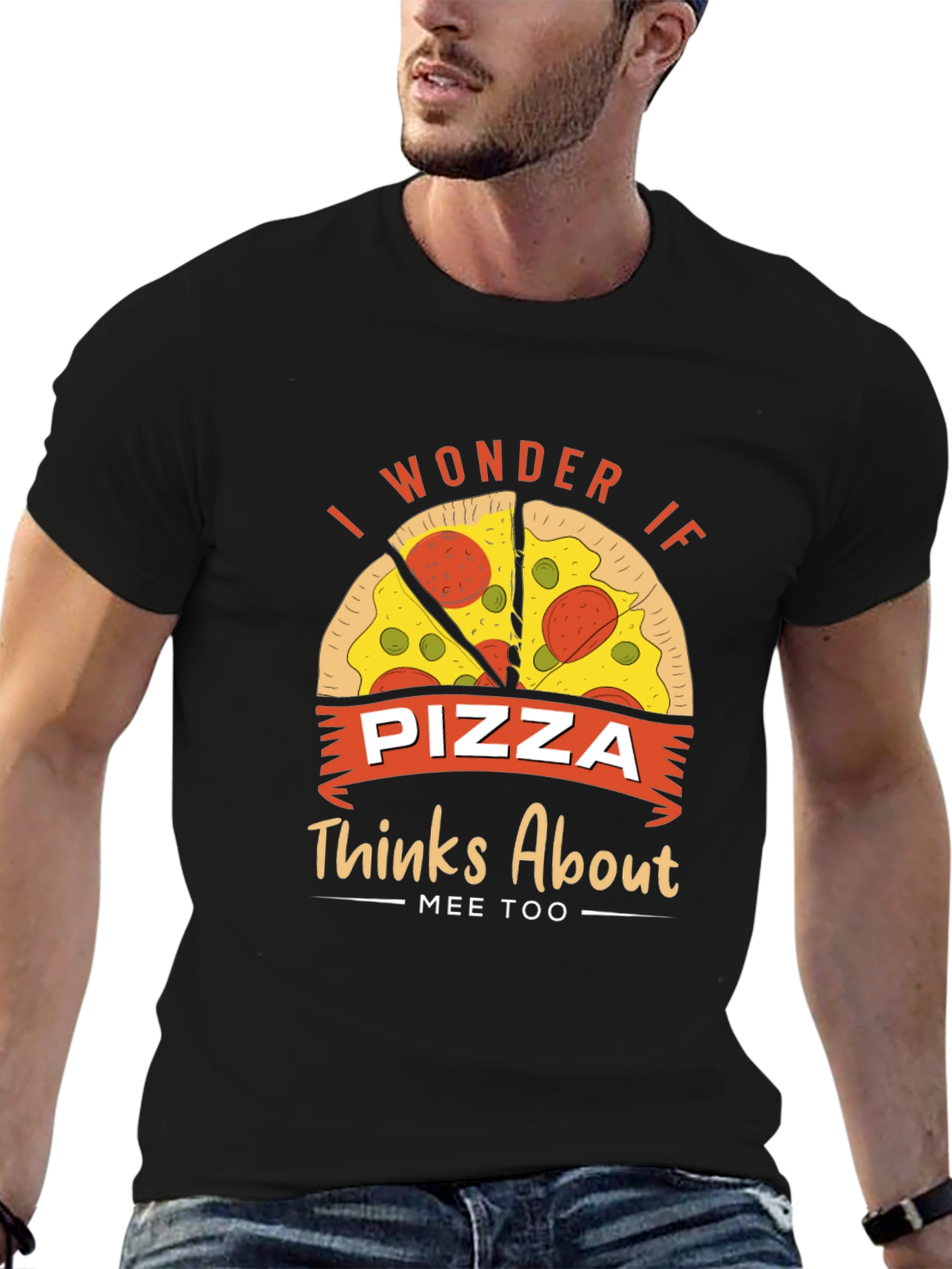 Black Pizza Lover Graphic Tee - I Wonder If Pizza Thinks About Mee Too view 6