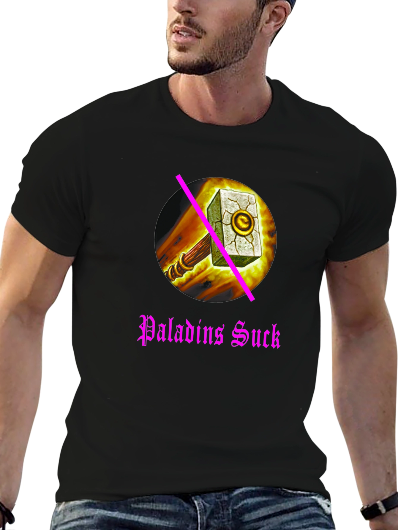 Black Paladins Sucks T-Shirt: Anti-Paladin Hammer Design view 6