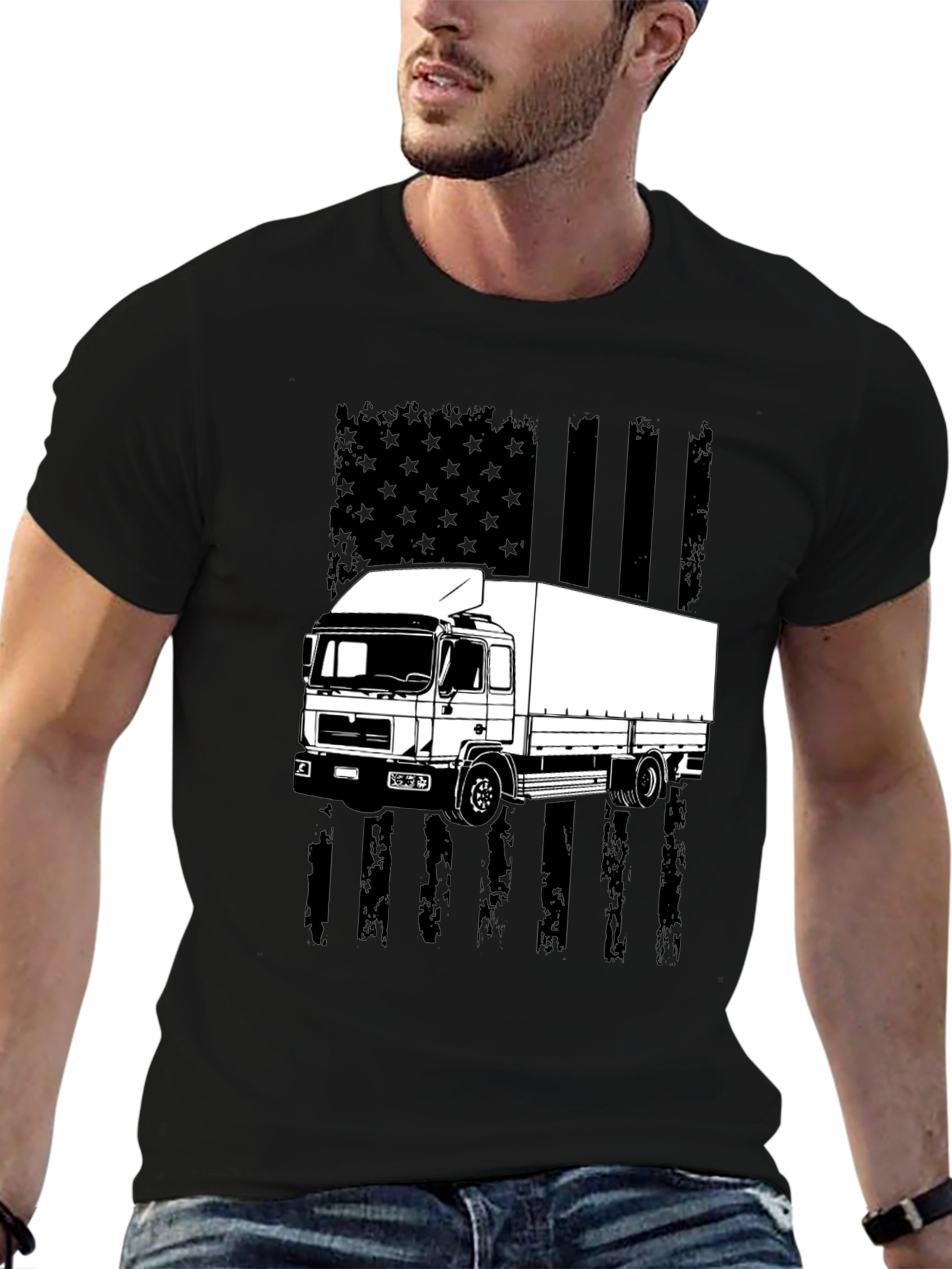 Black Trucker T-Shirt - American Flag Style view 6