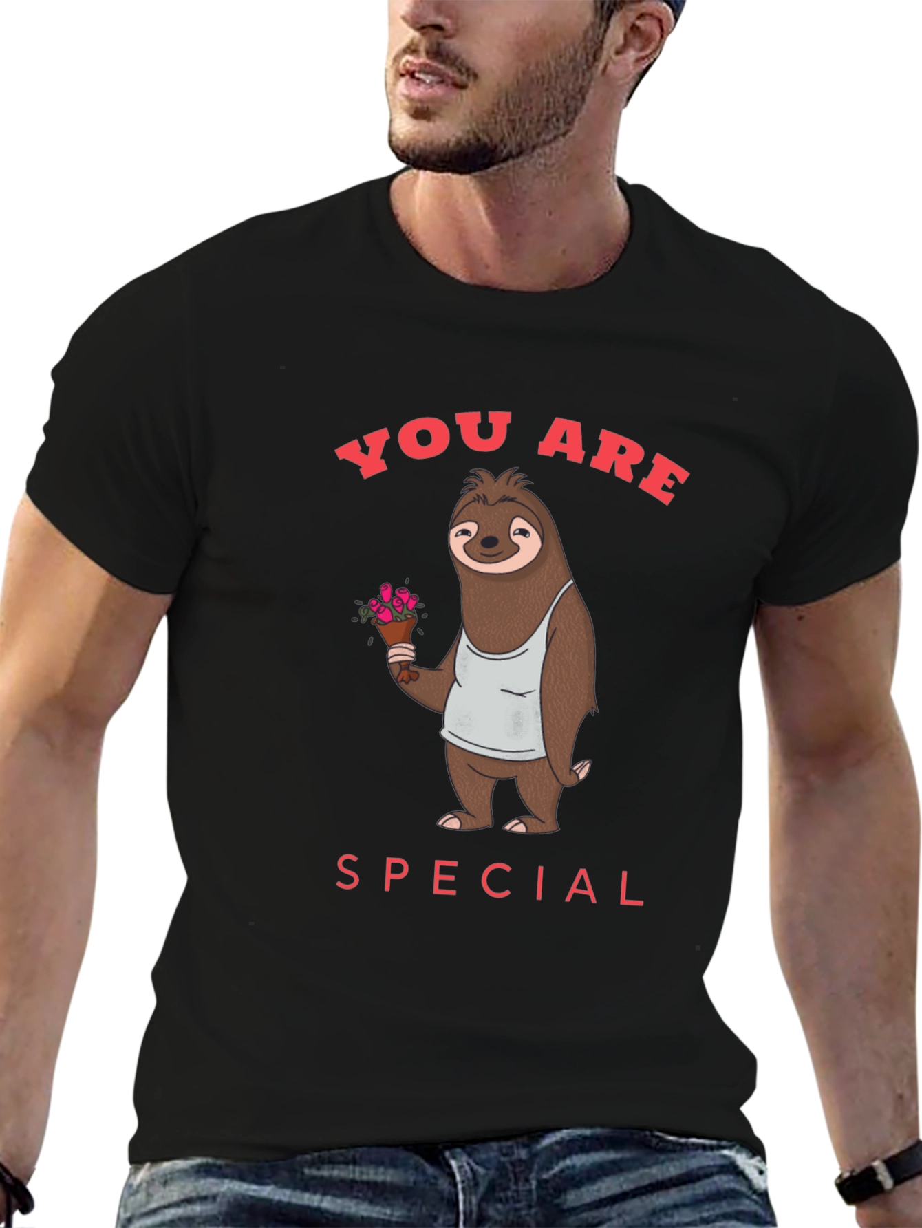 Black Cute Sloth with Flowers Graphic T-Shirt view 6