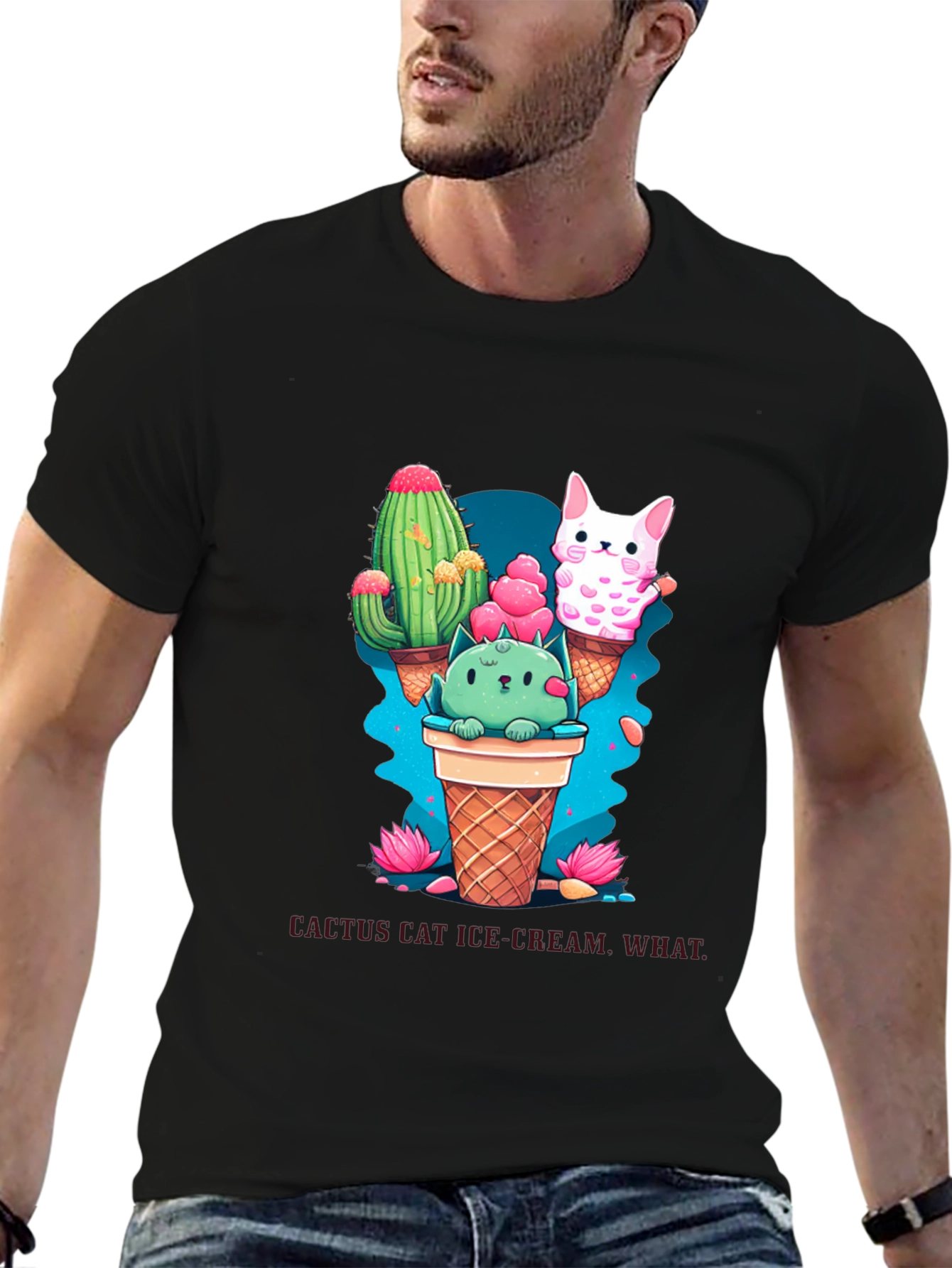 Black Cactus Cat Ice Cream Black T-Shirt view 6