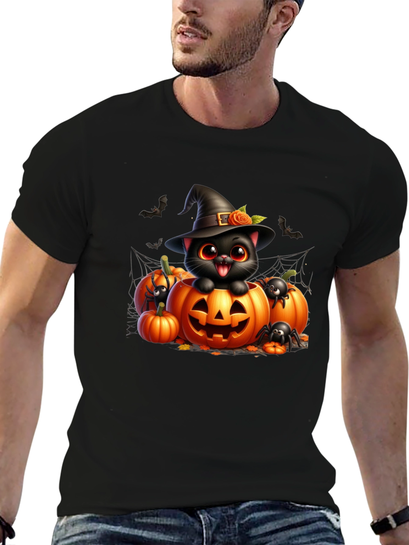 Black Halloween Cat Pumpkin Graphic Tee view 6