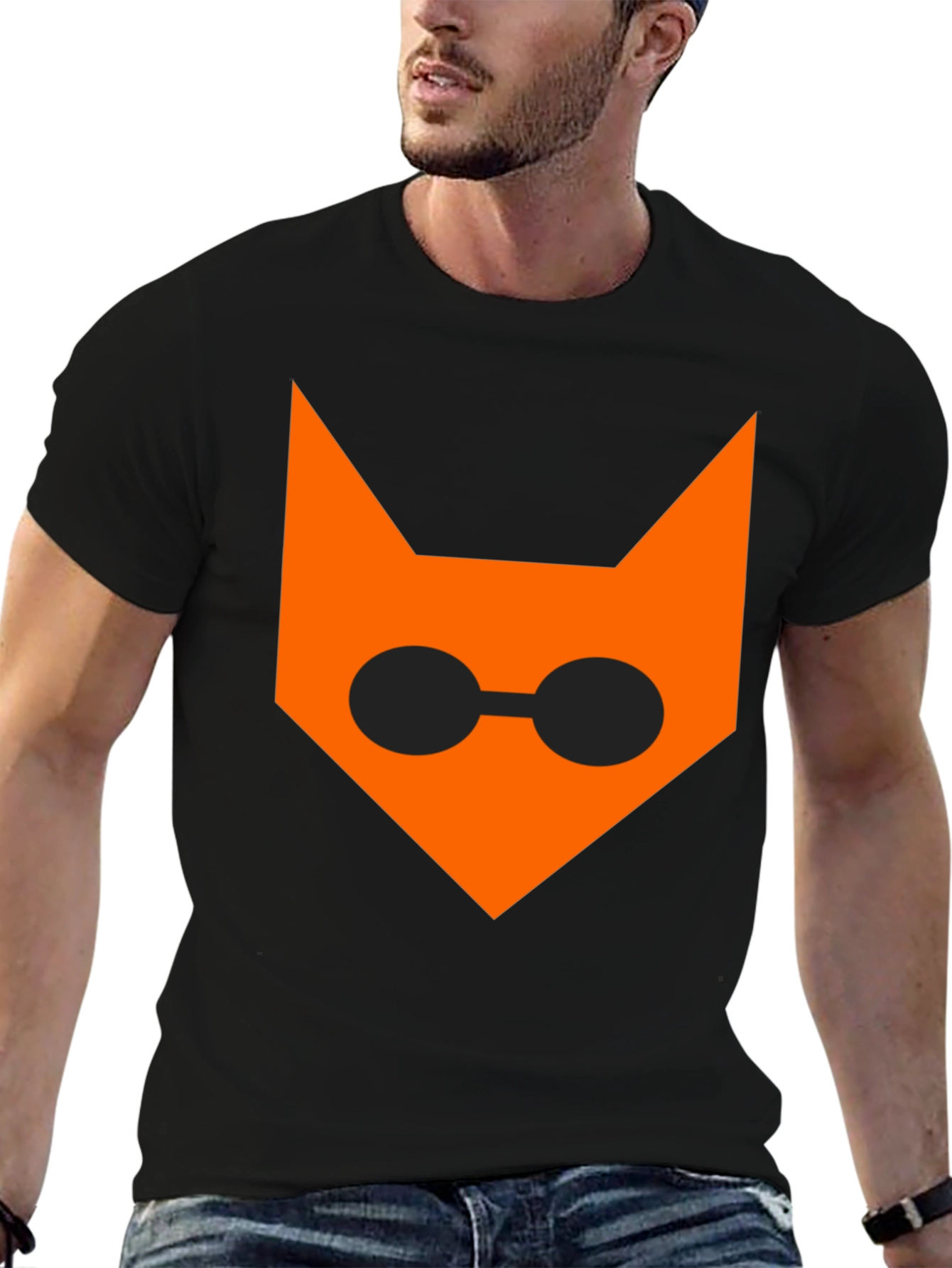 Black Cool Cat Face T-Shirt - Black Cotton Tee view 6